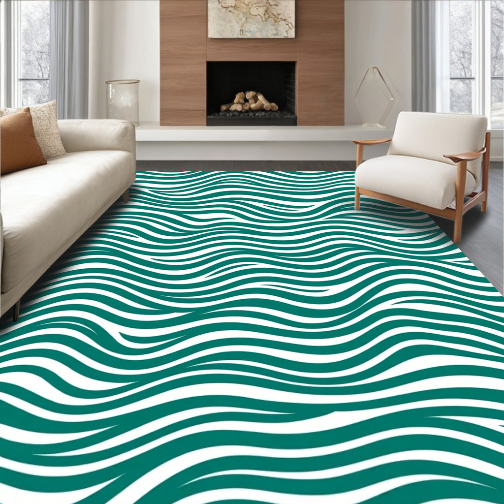 Deep Teal Ocean Wave Lines Rug
