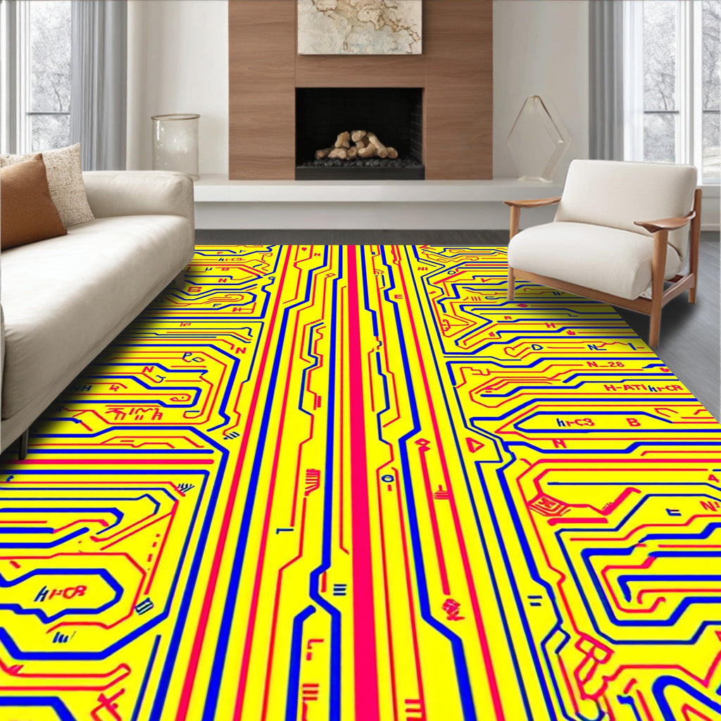 Yellow Circuit Board Red Blue Lines Rug