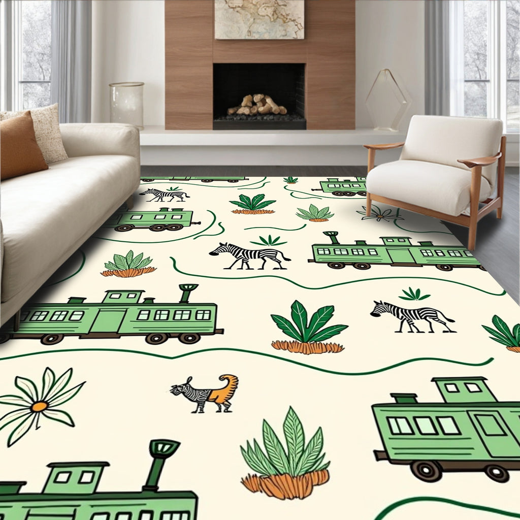 Green Train Safari Animals Beige Cream Rug