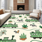 Green Train Safari Animals Beige Cream Rug