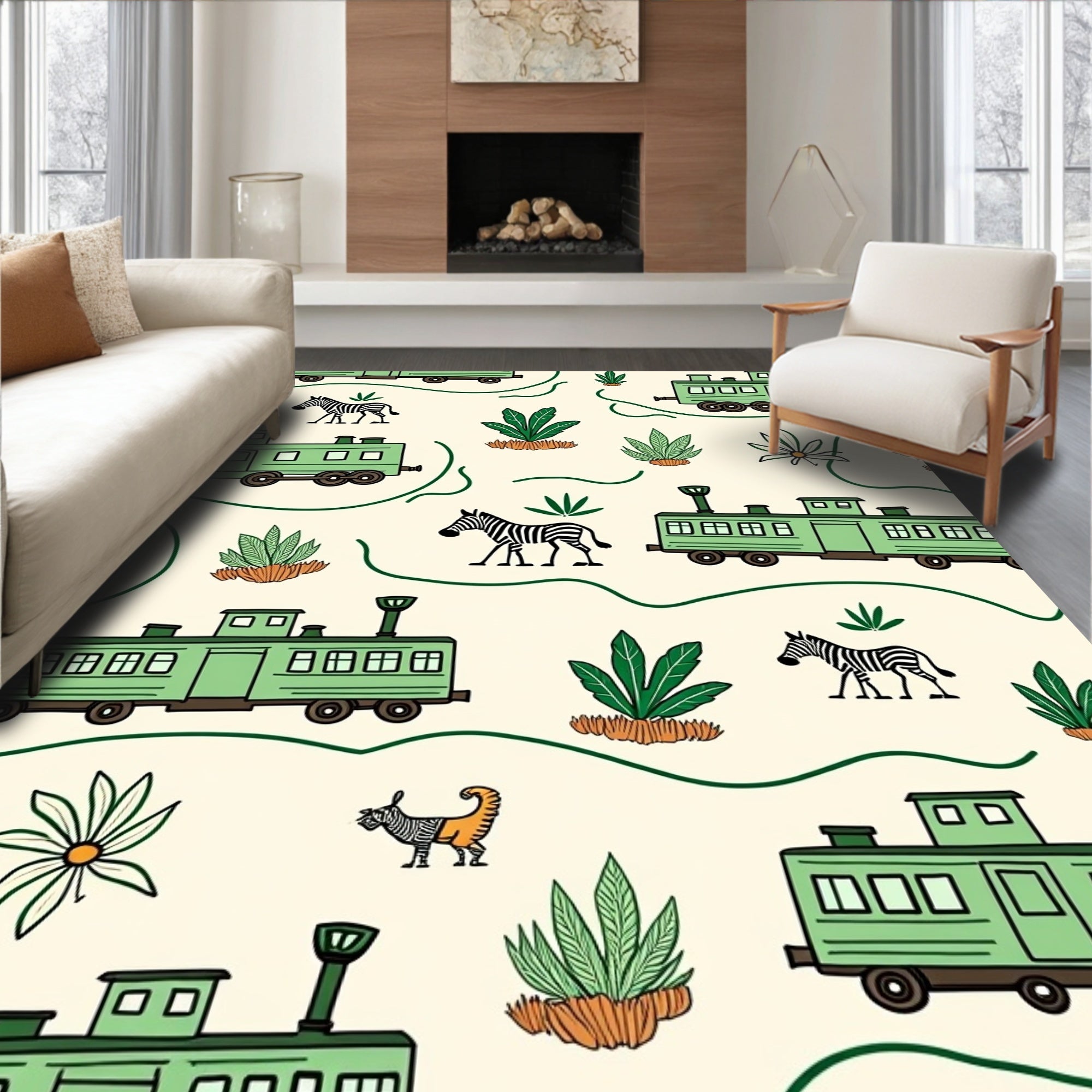 Green Train Safari Animals Beige Cream Rug