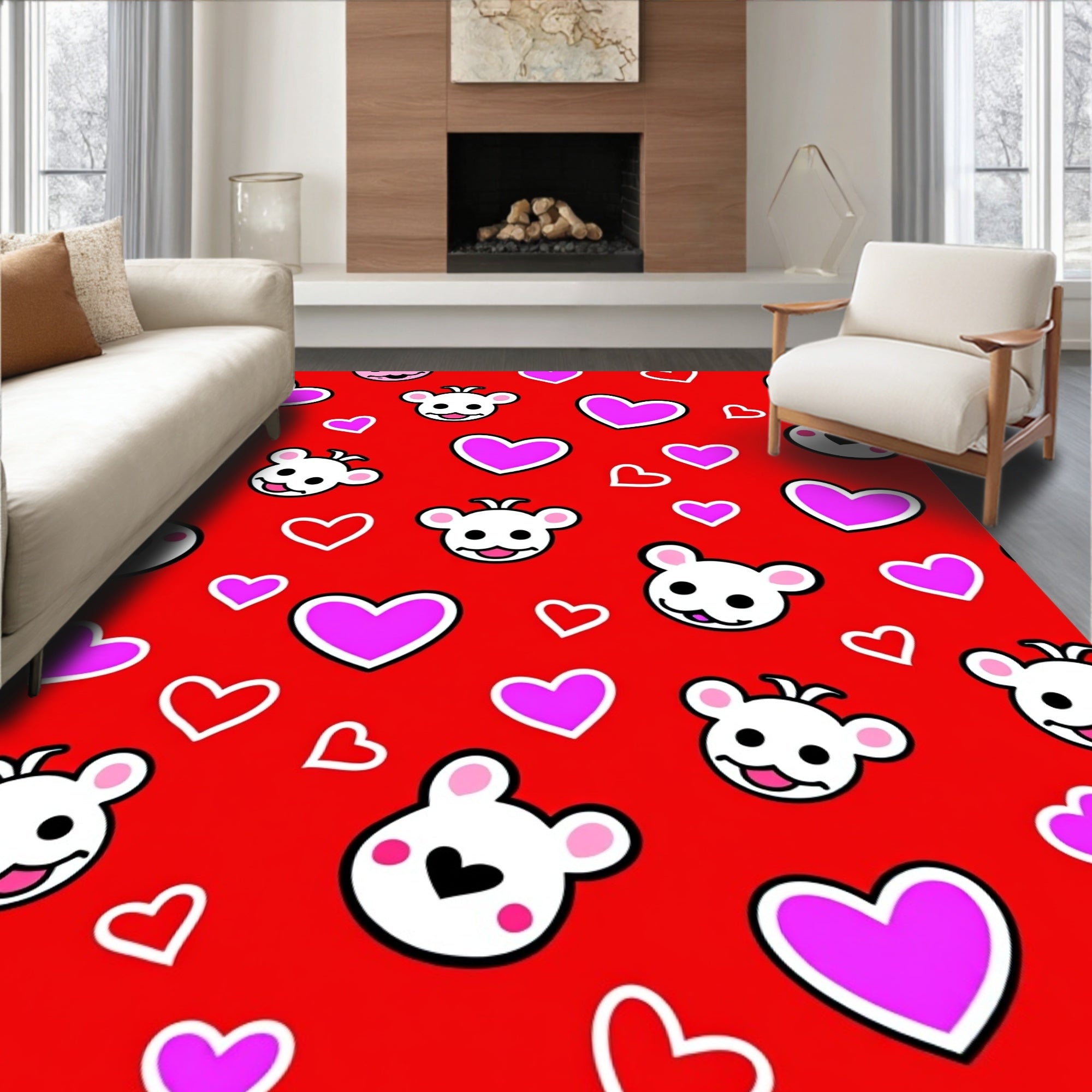 Cute Red Hearts And Bears Rug