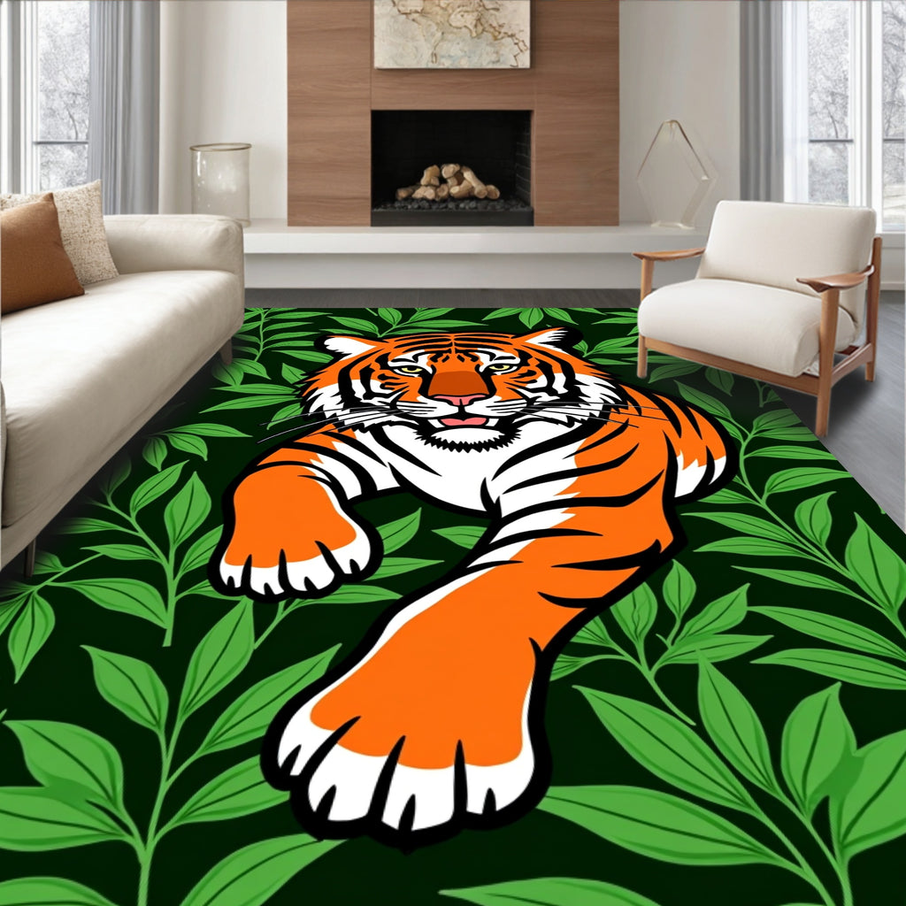 Bold Orange Tiger Jungle Leaves Rug