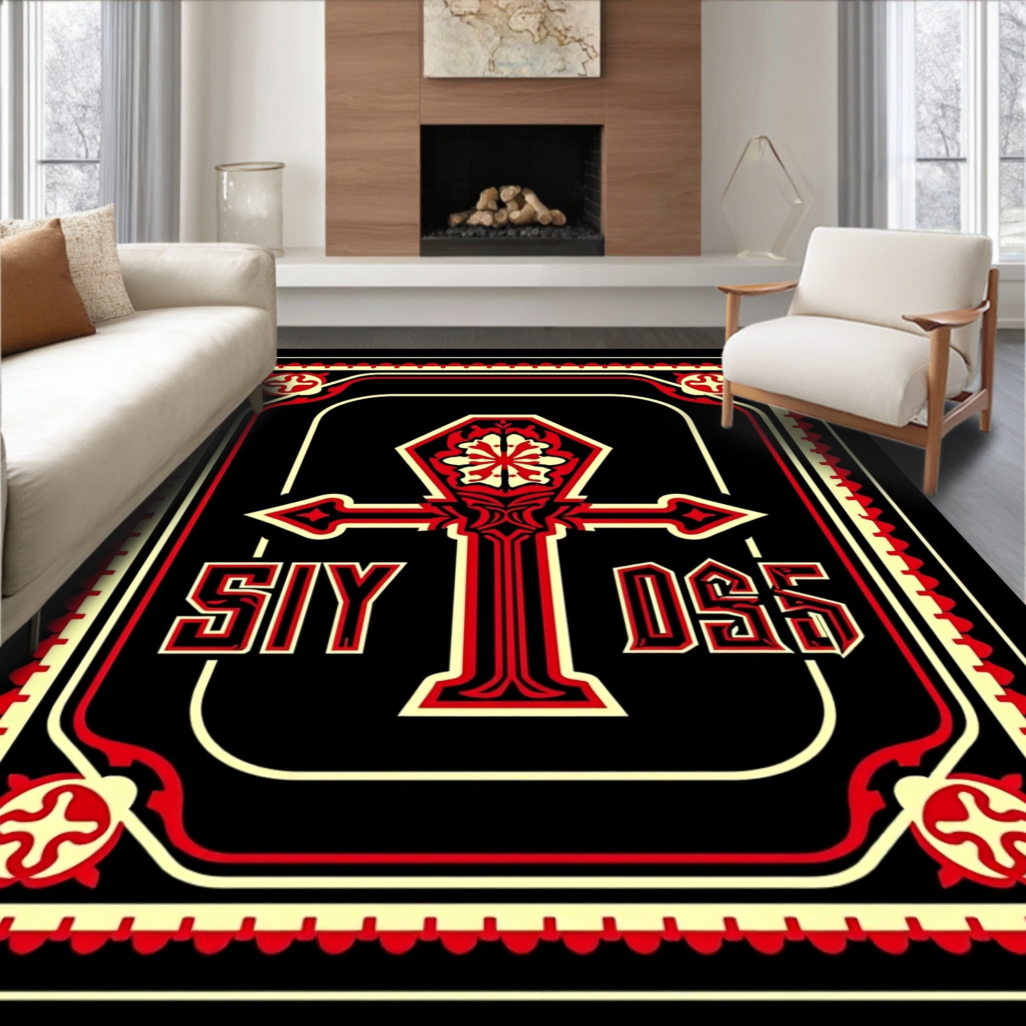 Crimson Red Black Ornate Ankh Rug