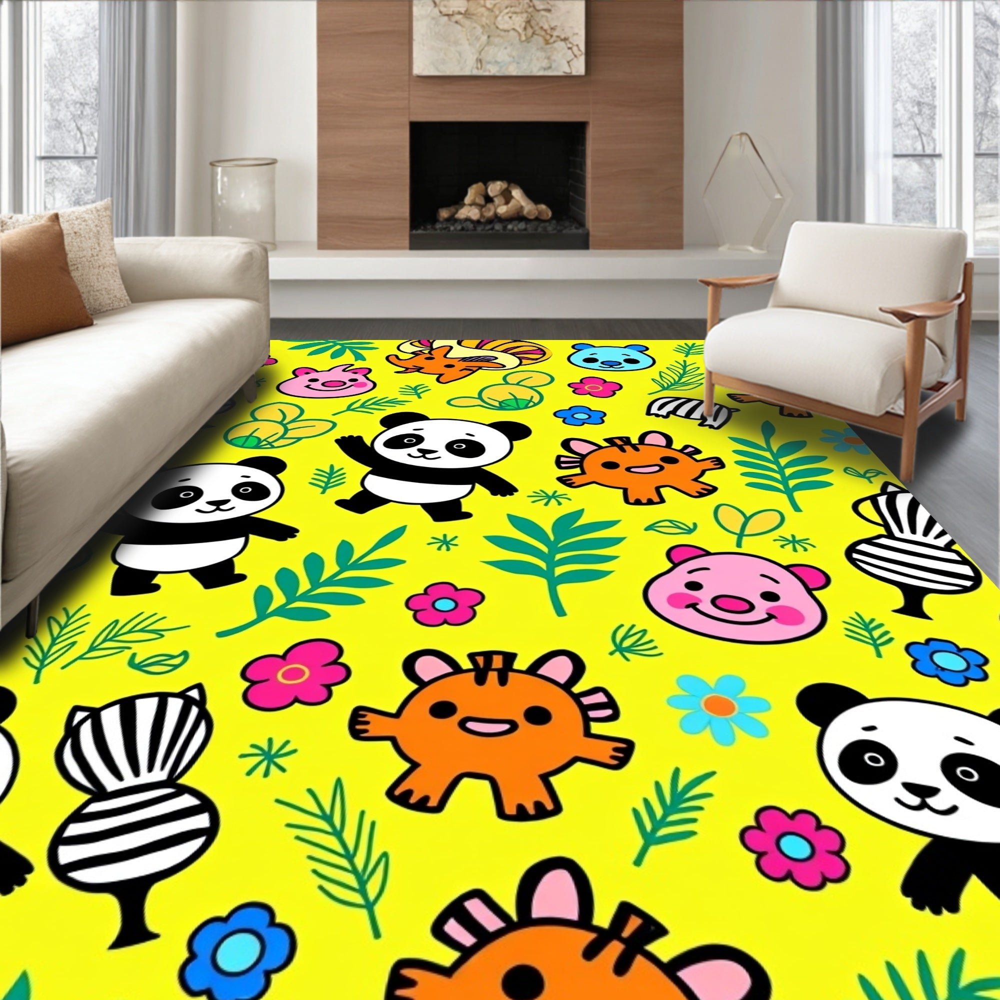 Cute Panda Animals With Flowers Rug