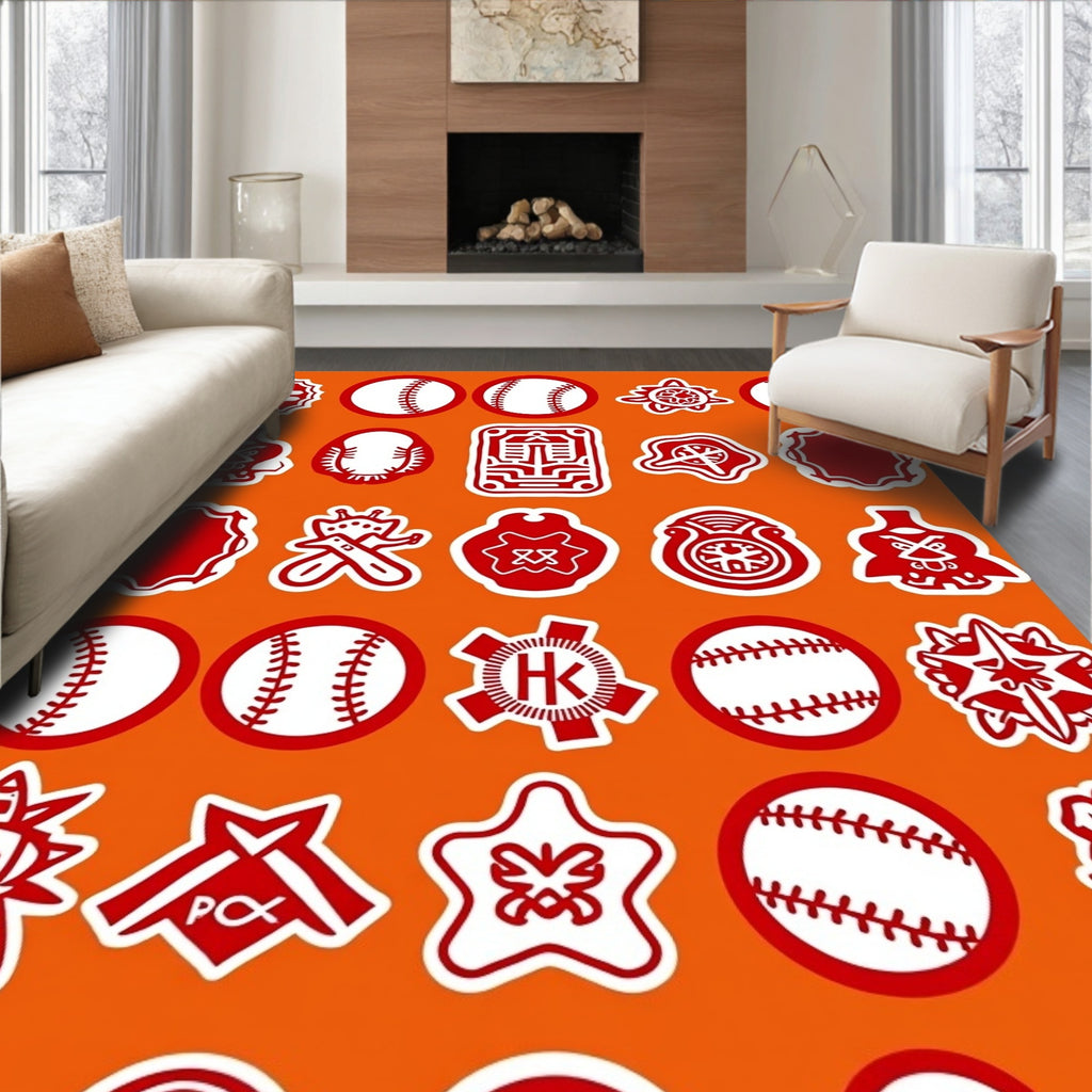 Red White Baseball Emblem Collage Rug