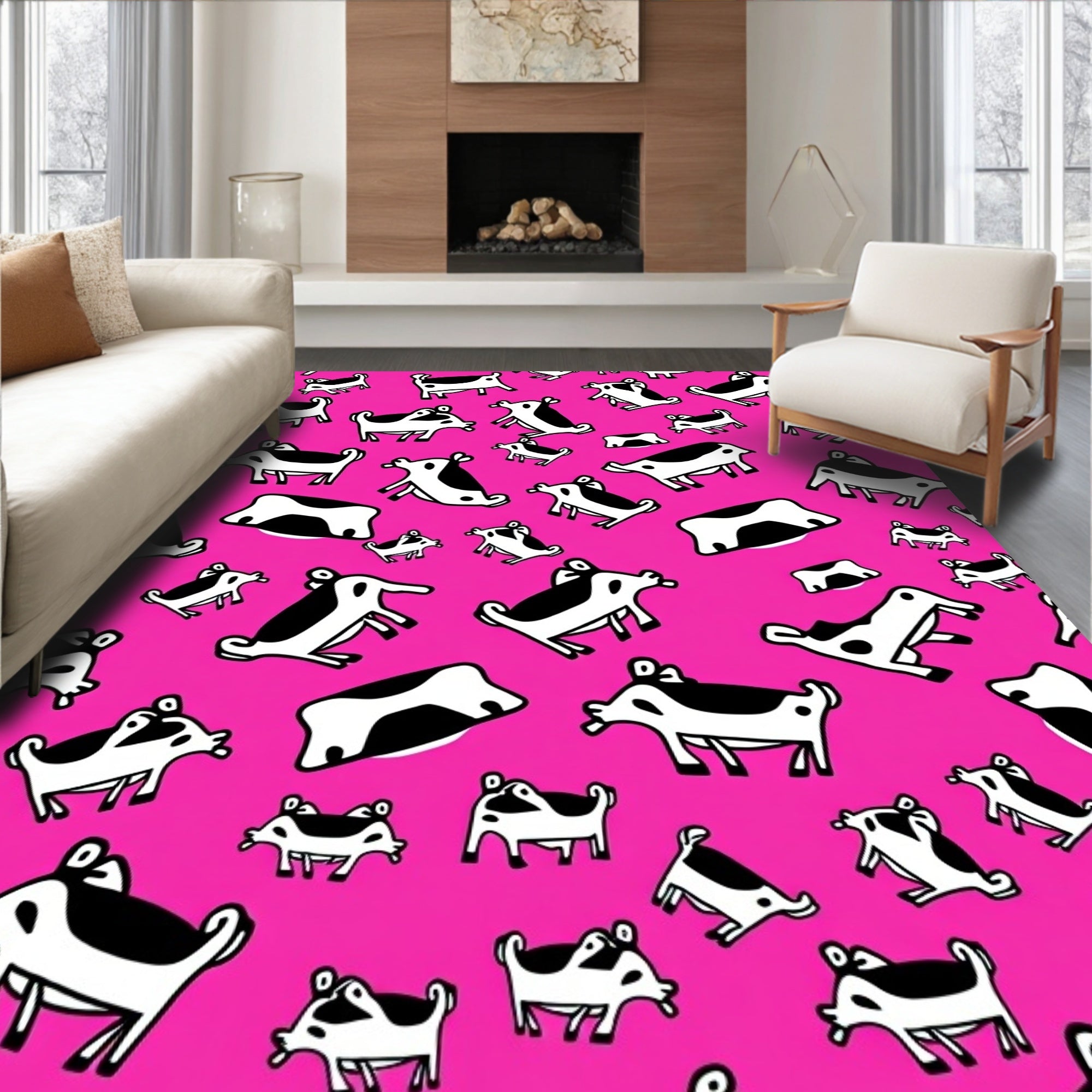 Whimsical Black and White Cows Pink Rug