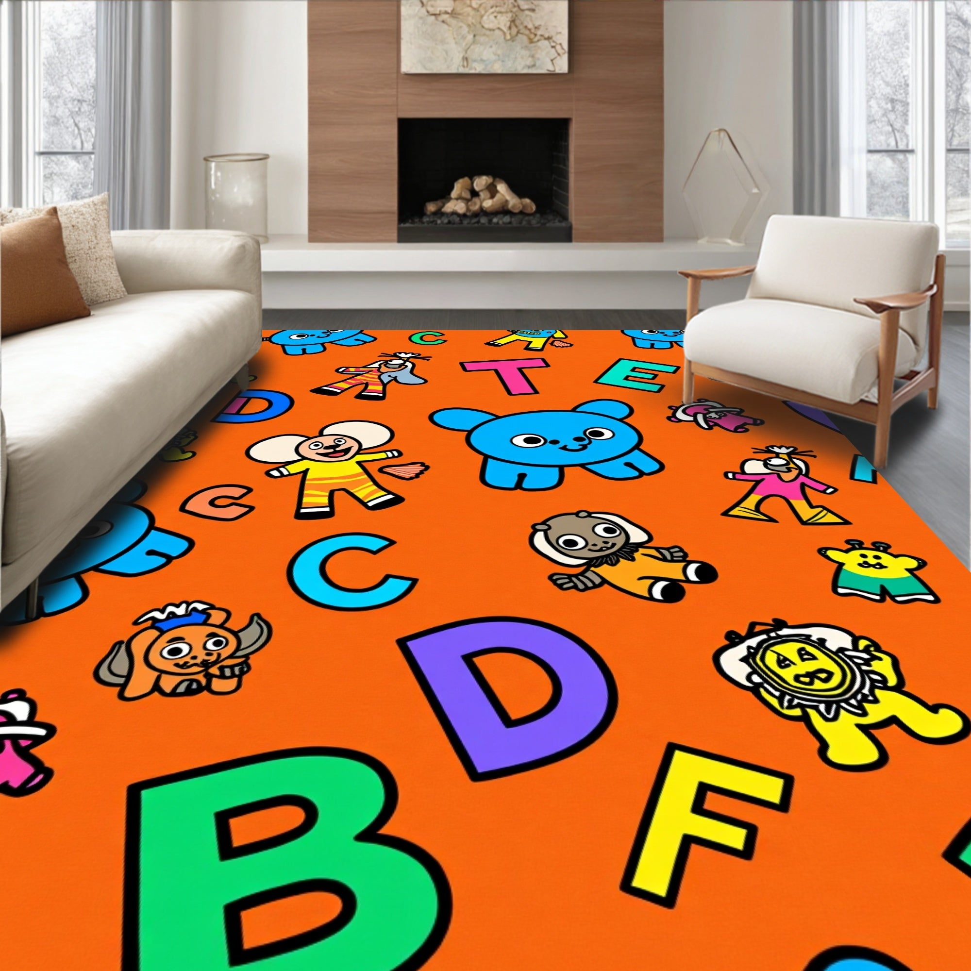 Orange Whimsical Alphabet Animal Fun Rug