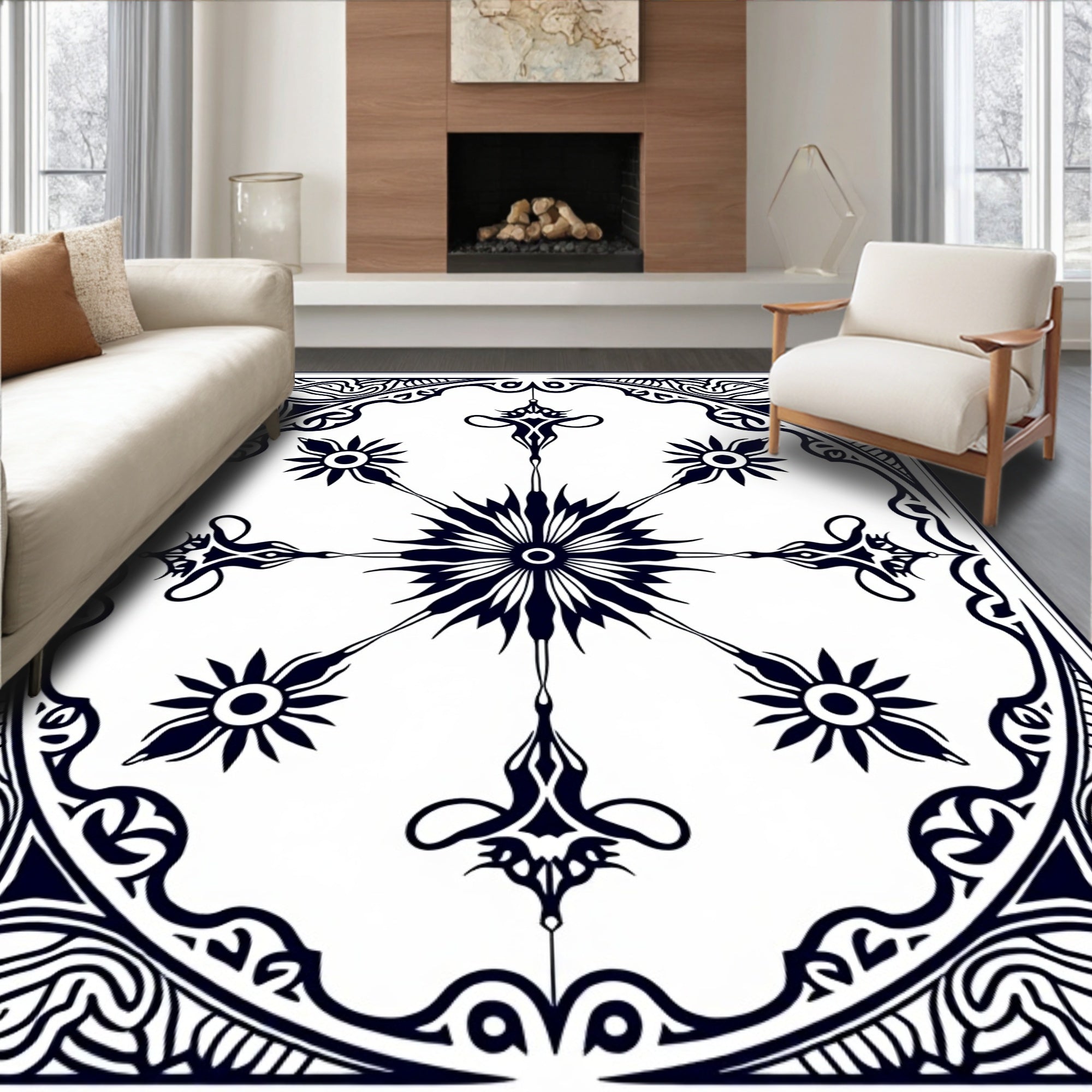 Ornate Black White Starburst Mandala Rug