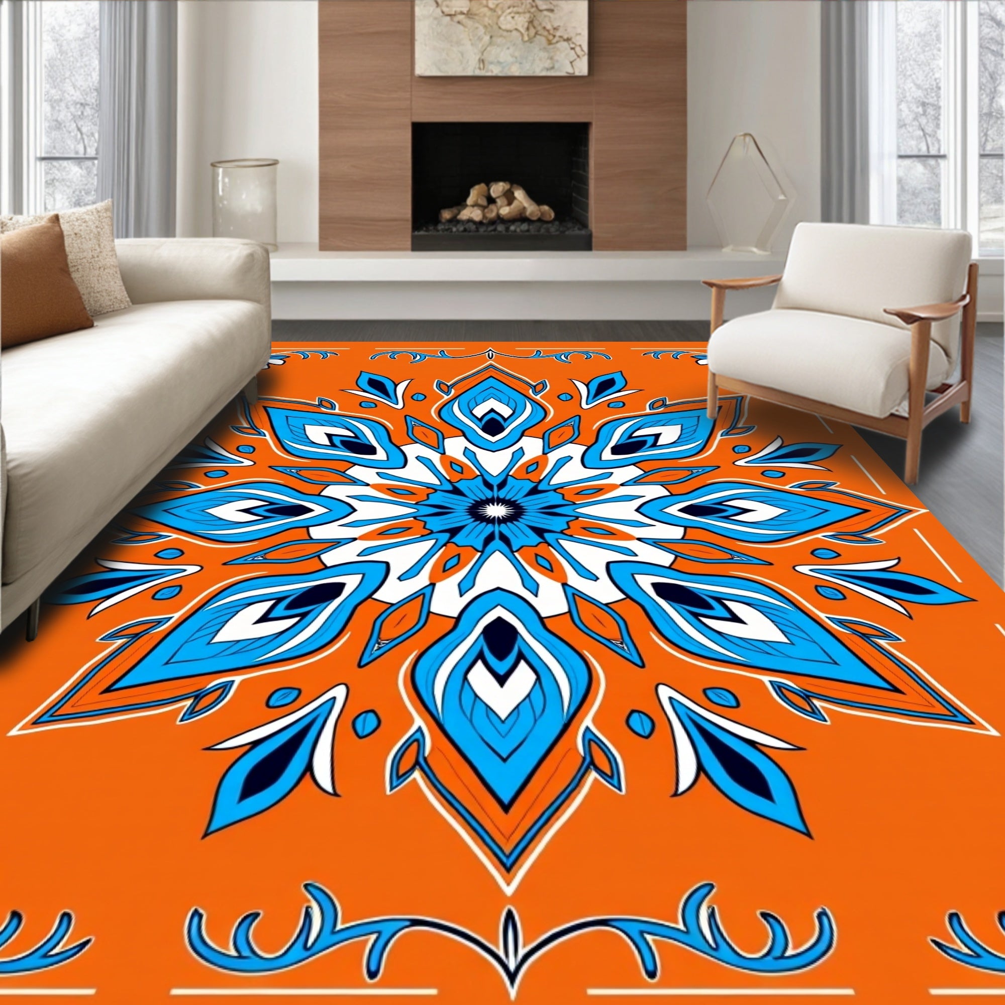 Bright Orange Blue Starburst Mandala Rug