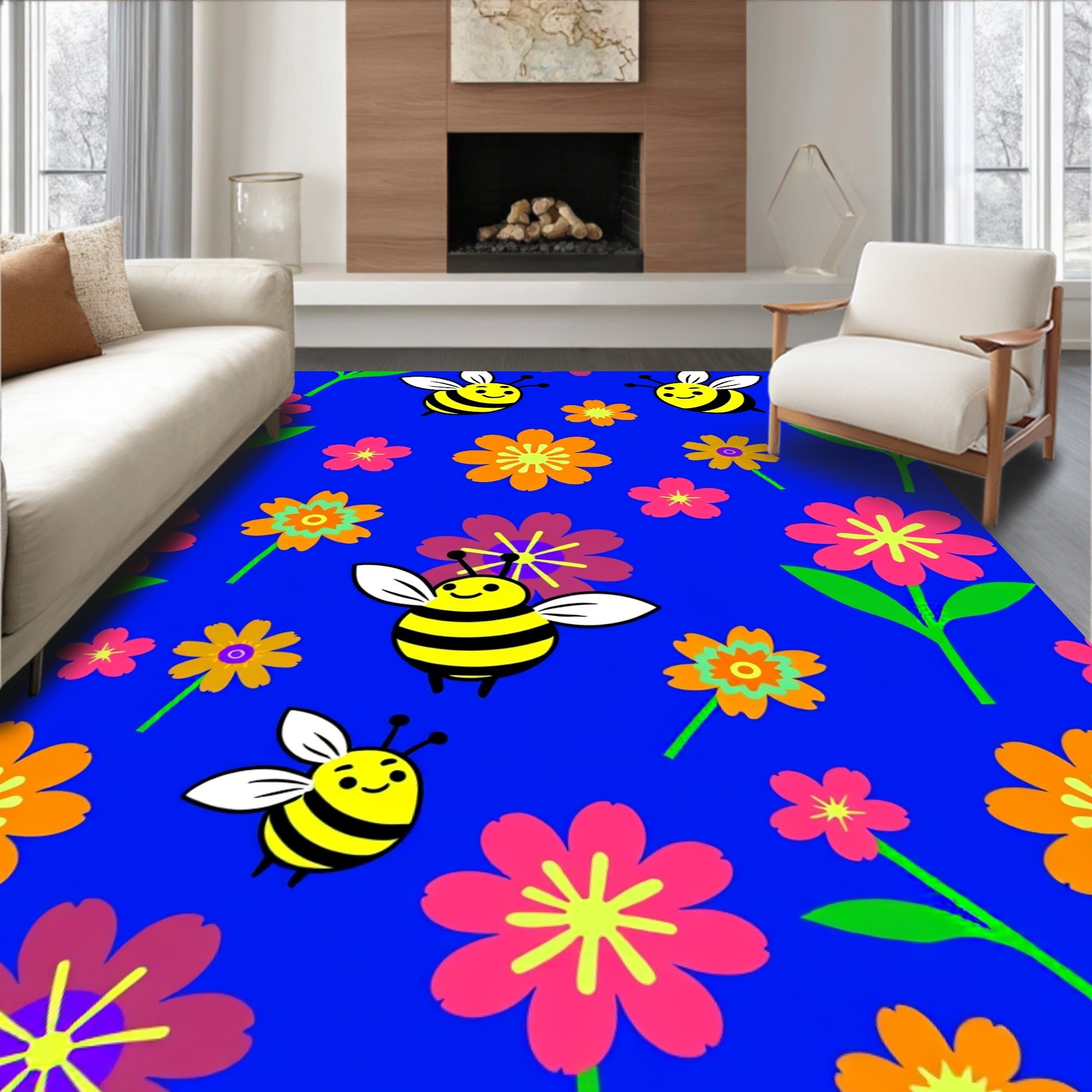 Happy Bees and Flowers on Blue Background Rug