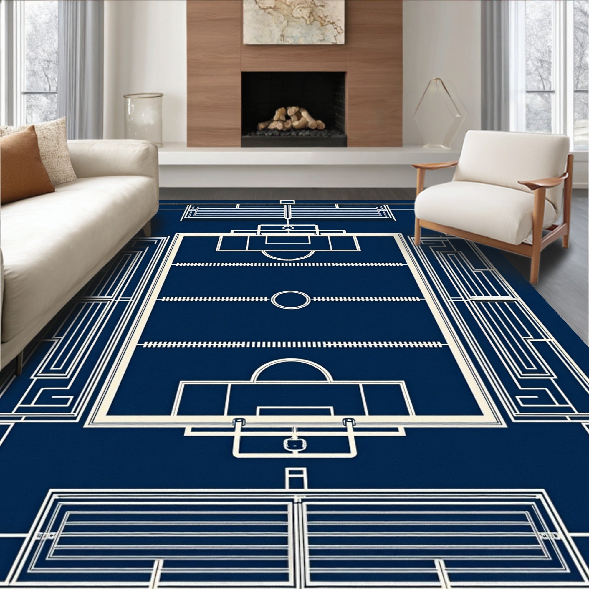 Blueprint Field Abstract Geometric Rug