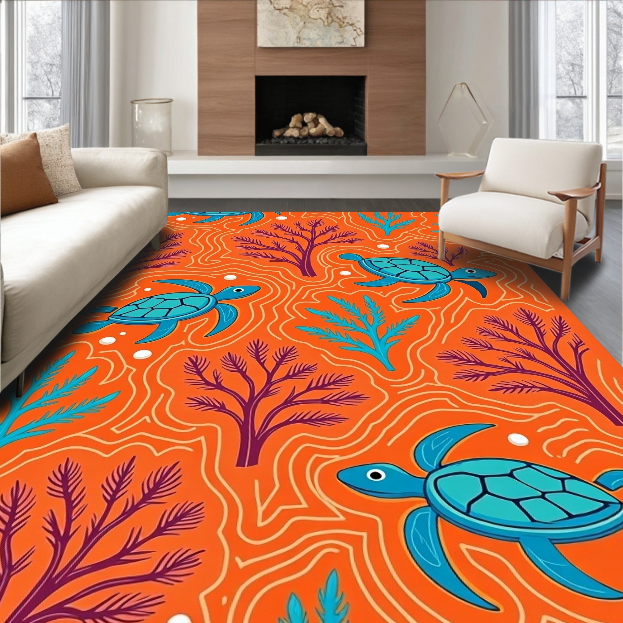 Orange Ocean Turtle Coral Whimsy Rug