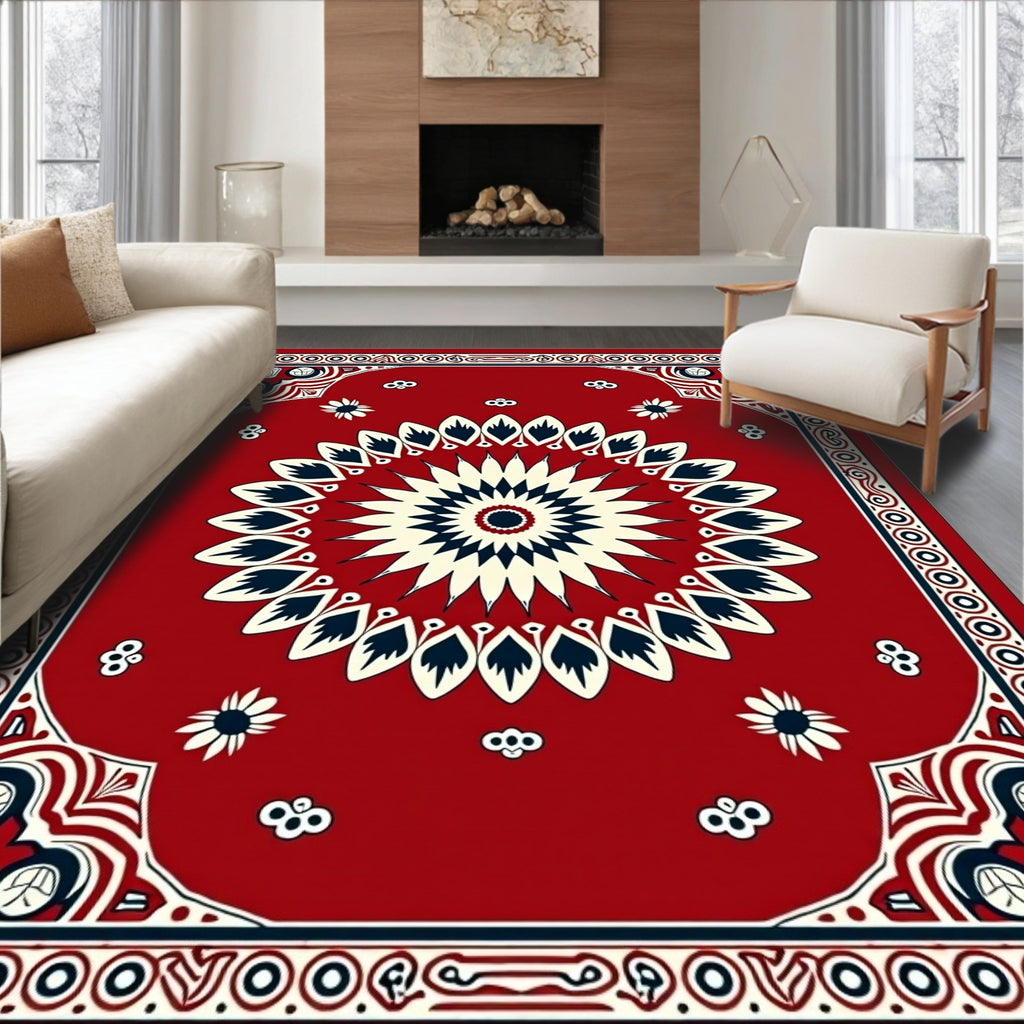 Crimson Starburst Floral Border Rug