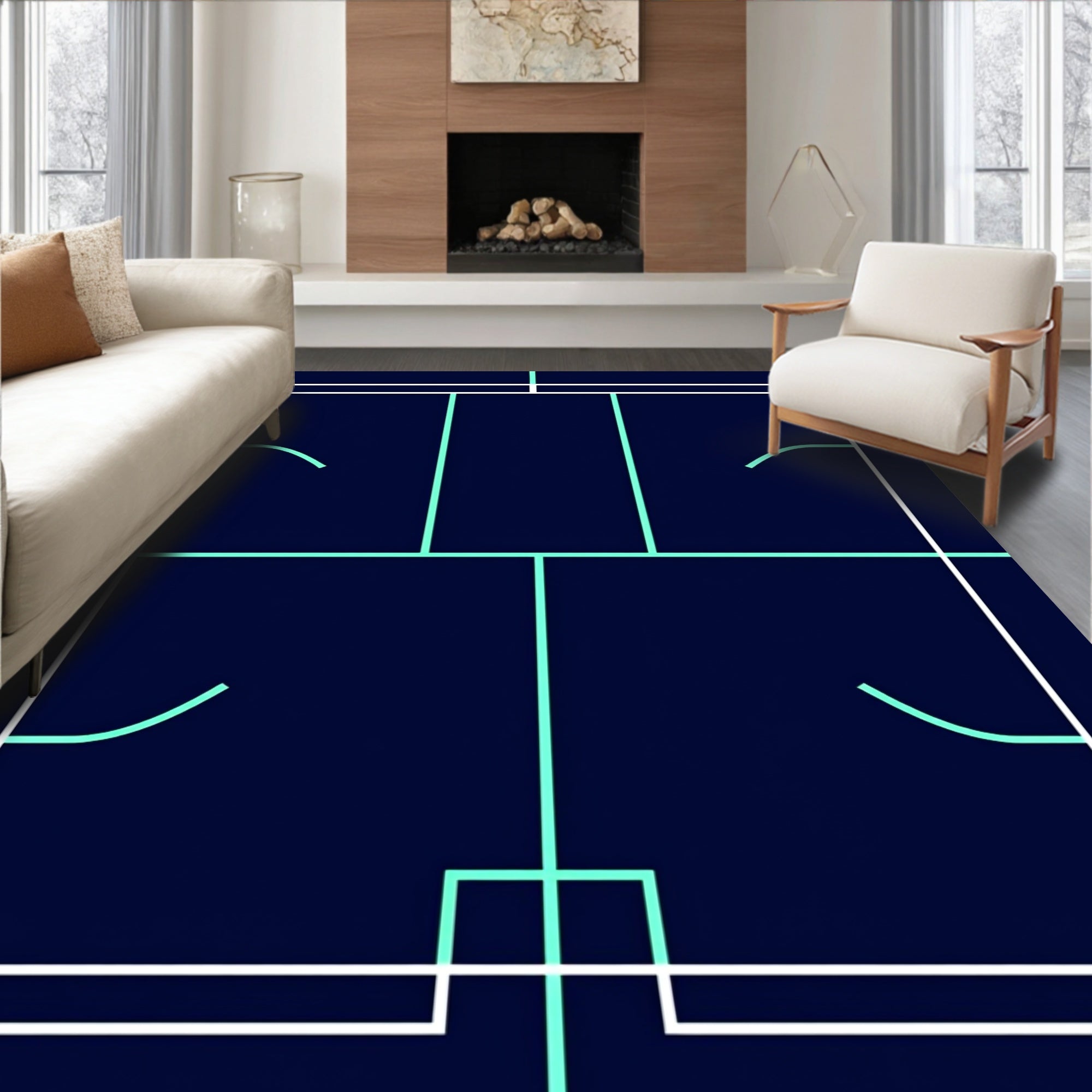 Deep Blue White Teal Geometric Labyrinth Rug