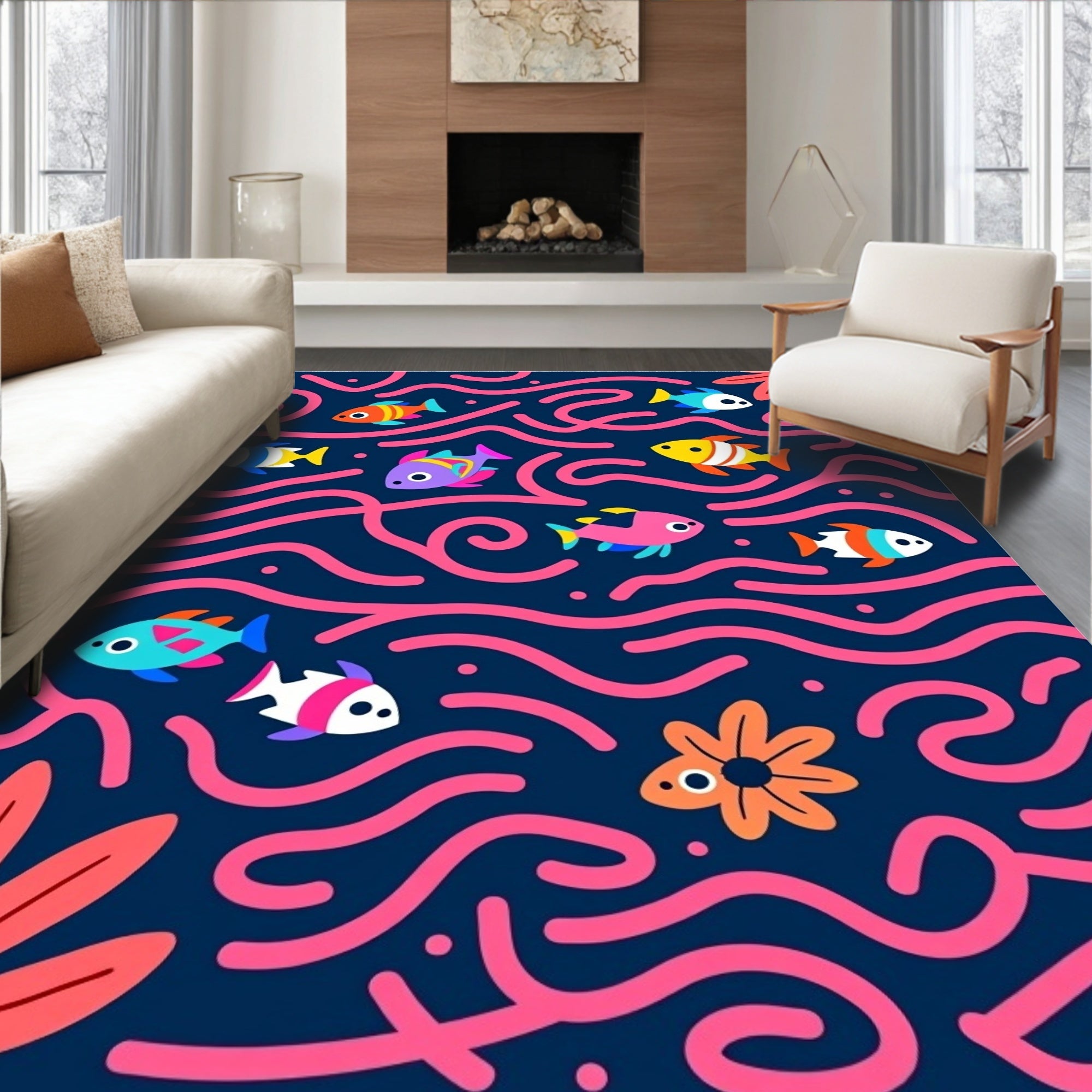 Colorful Fish With Coral Swirls Rug