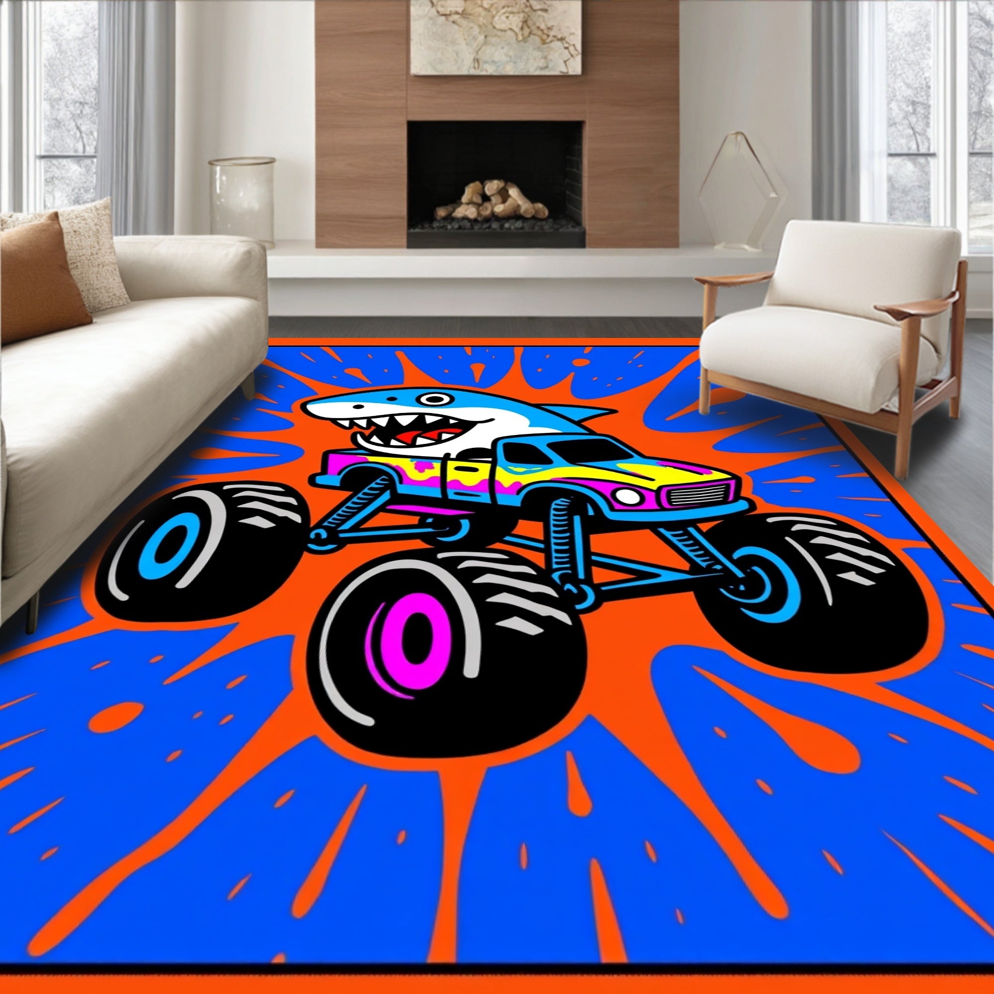 Wild Shark Monster Truck Explosion Rug
