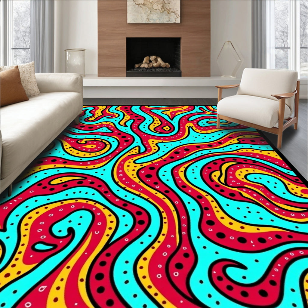 Retro Swirl Red Yellow Aqua Dots Rug