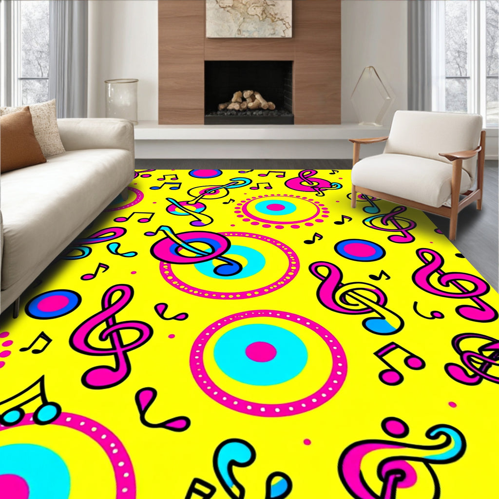 Bright Yellow Musical Notes Circles Rug