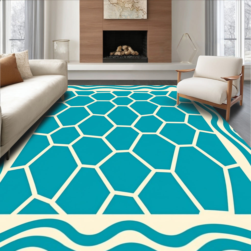 Teal Cream Hexagonal Mosaic Border Rug