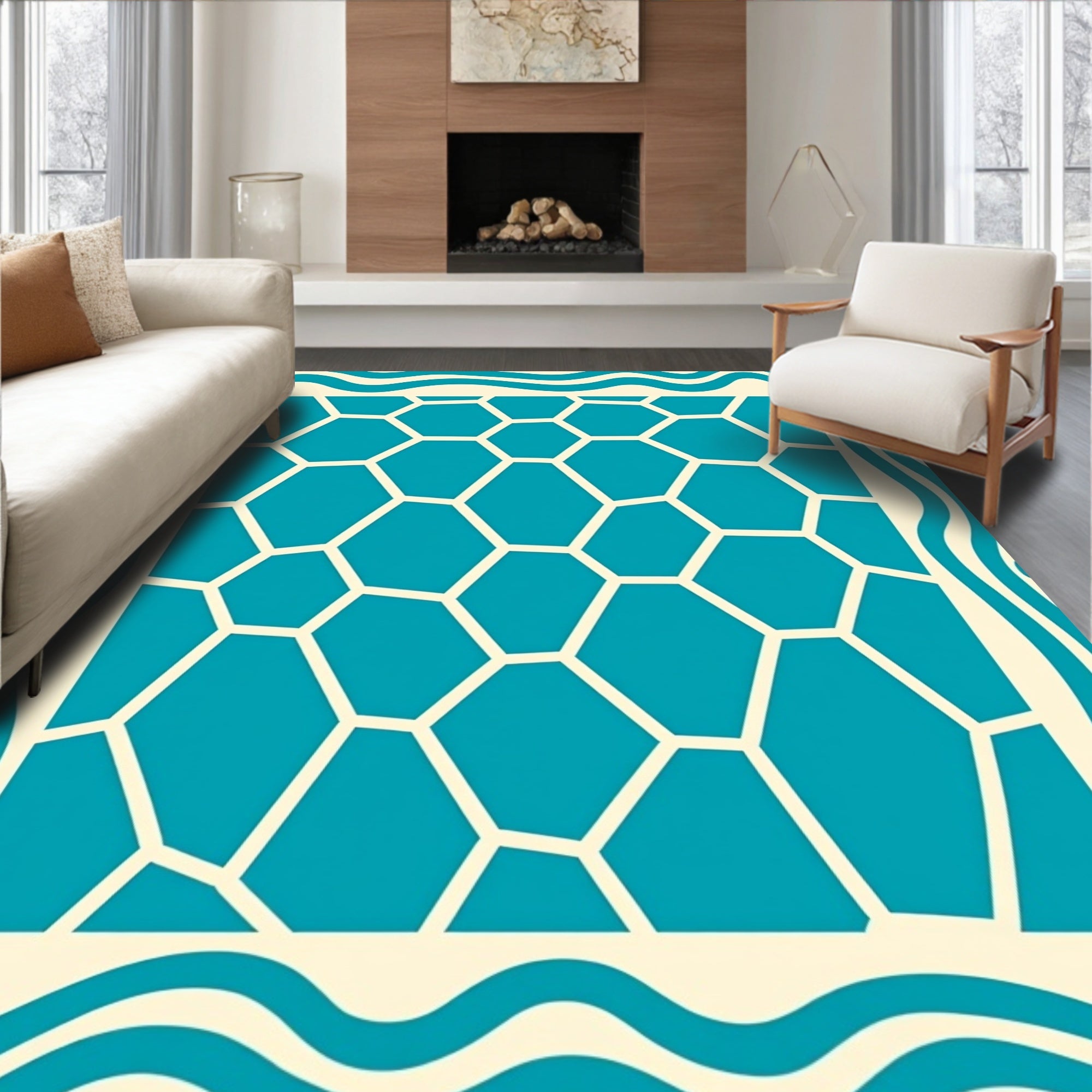 Teal Cream Hexagonal Mosaic Border Rug
