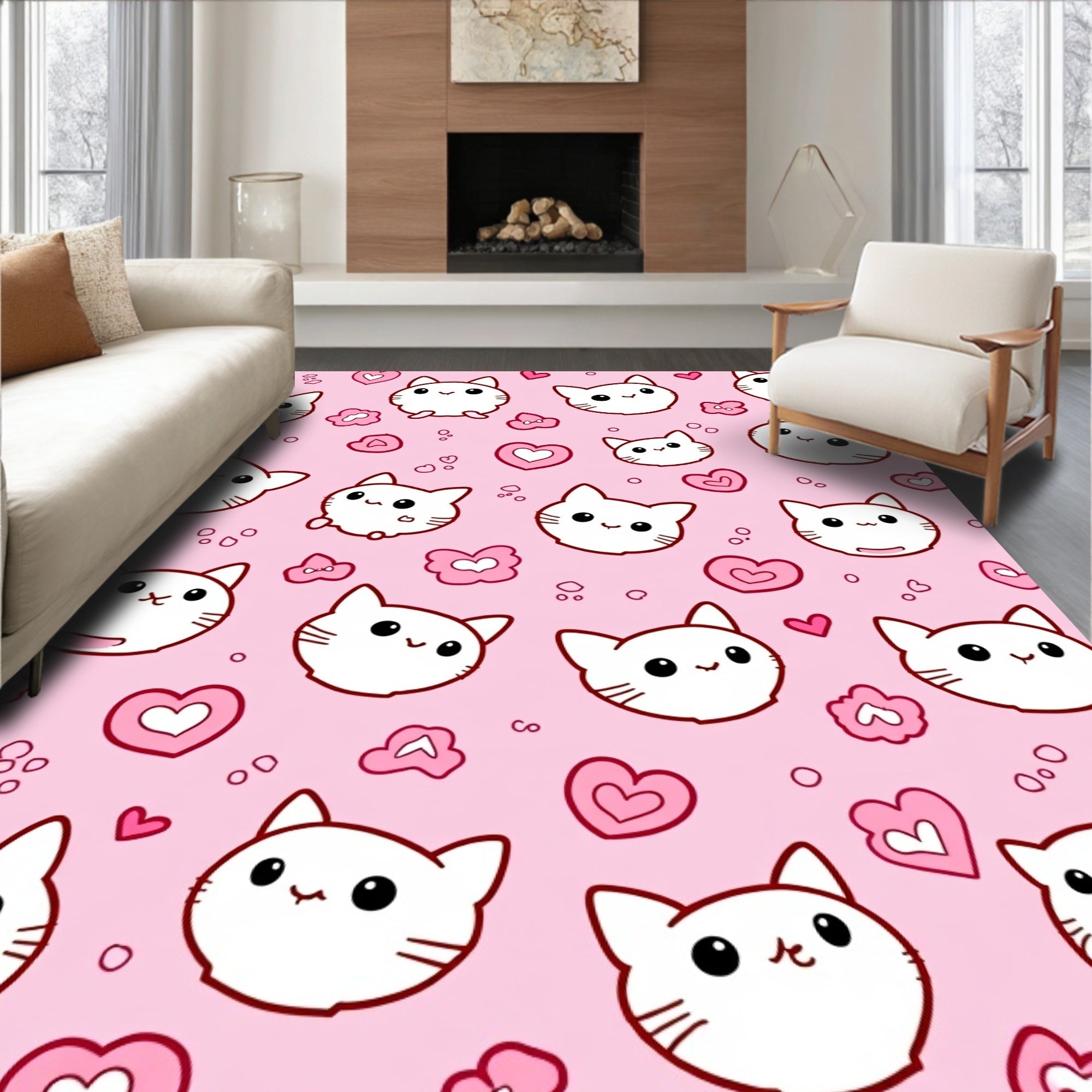 Cute Pink Kawaii Cat Heart Collage Rug