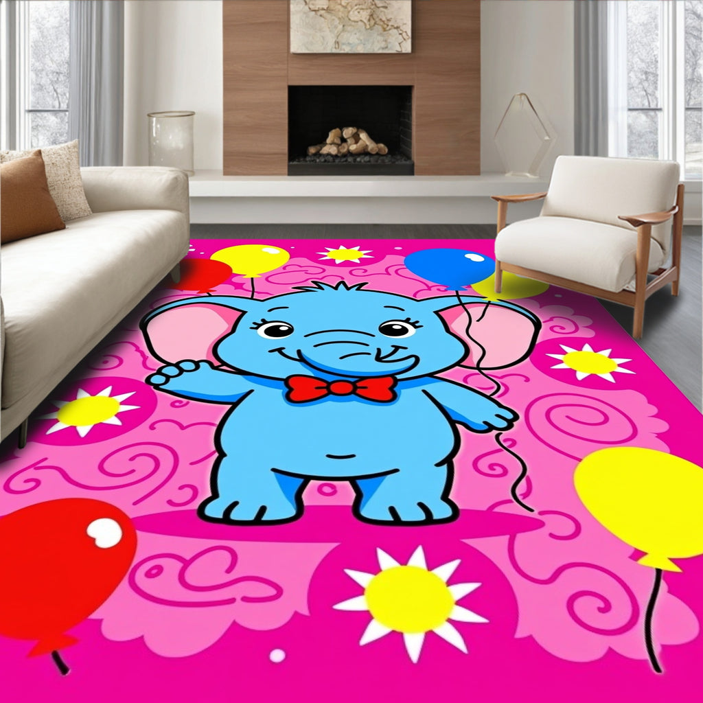 Blue Elephant with Colorful Balloons on Pink Rug