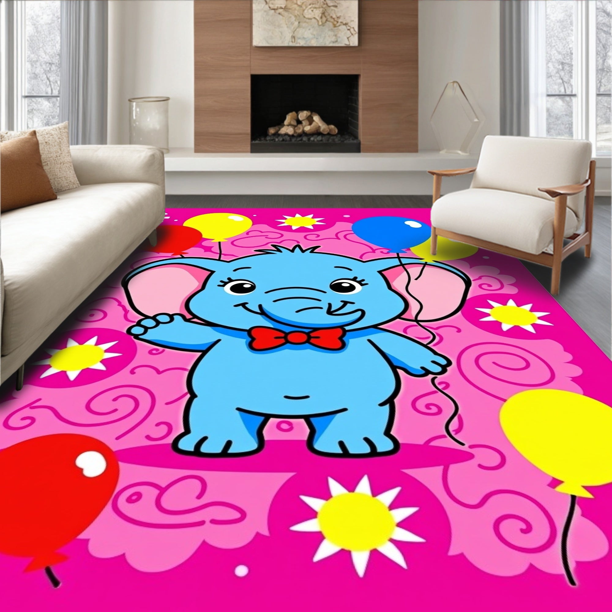 Blue Elephant with Colorful Balloons on Pink Rug