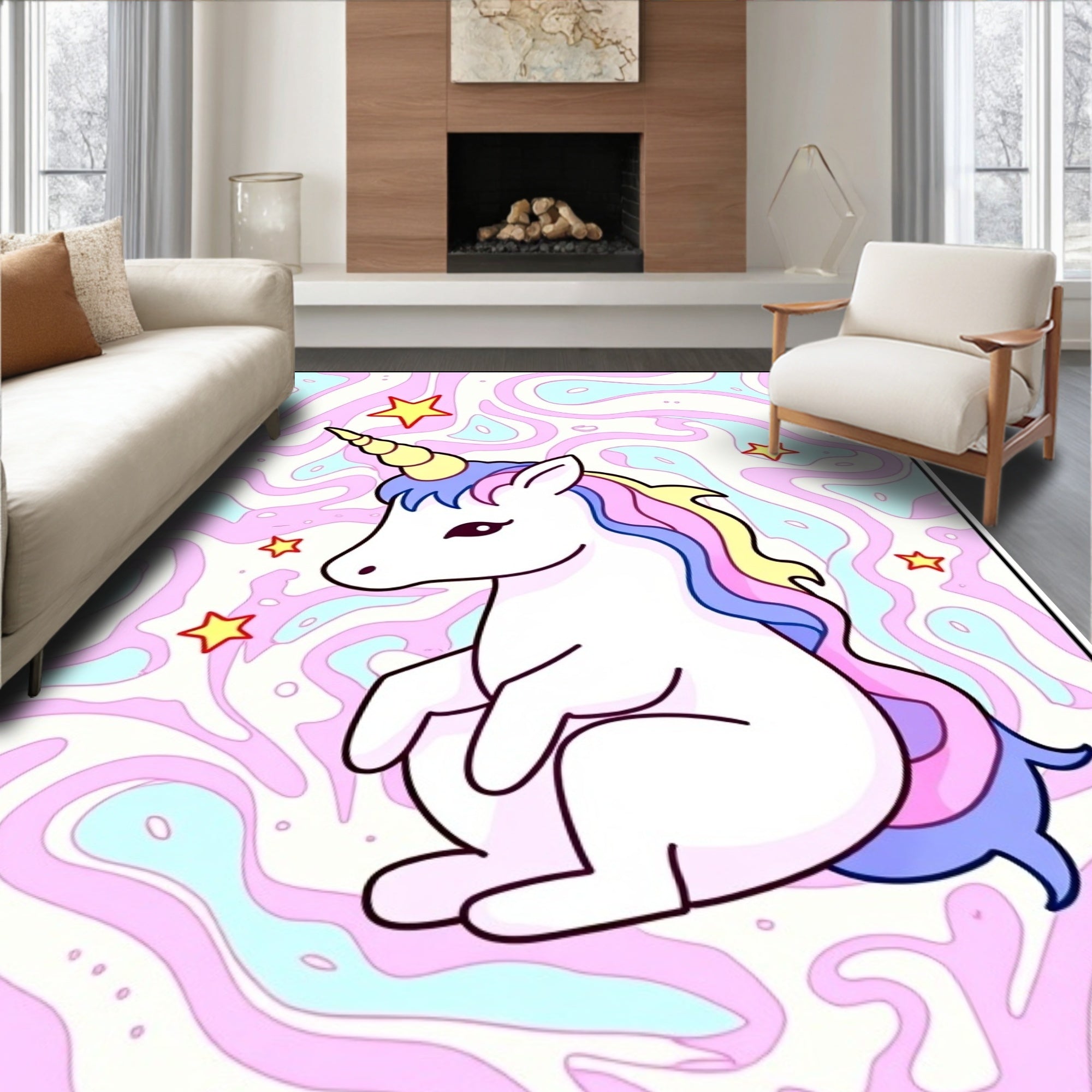 Pastel Unicorn With Colorful Starry Background Rug