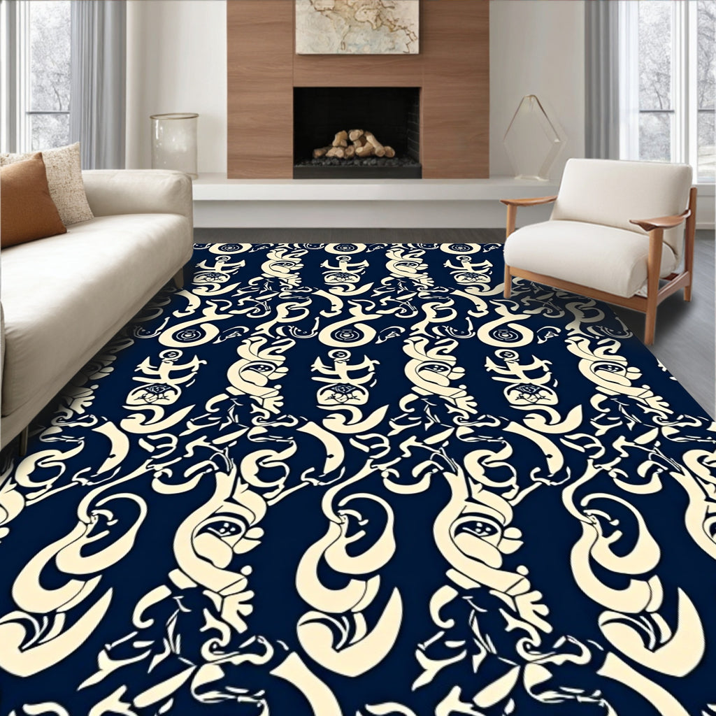 Navy Cream Nautical Anchor Swirl Rug