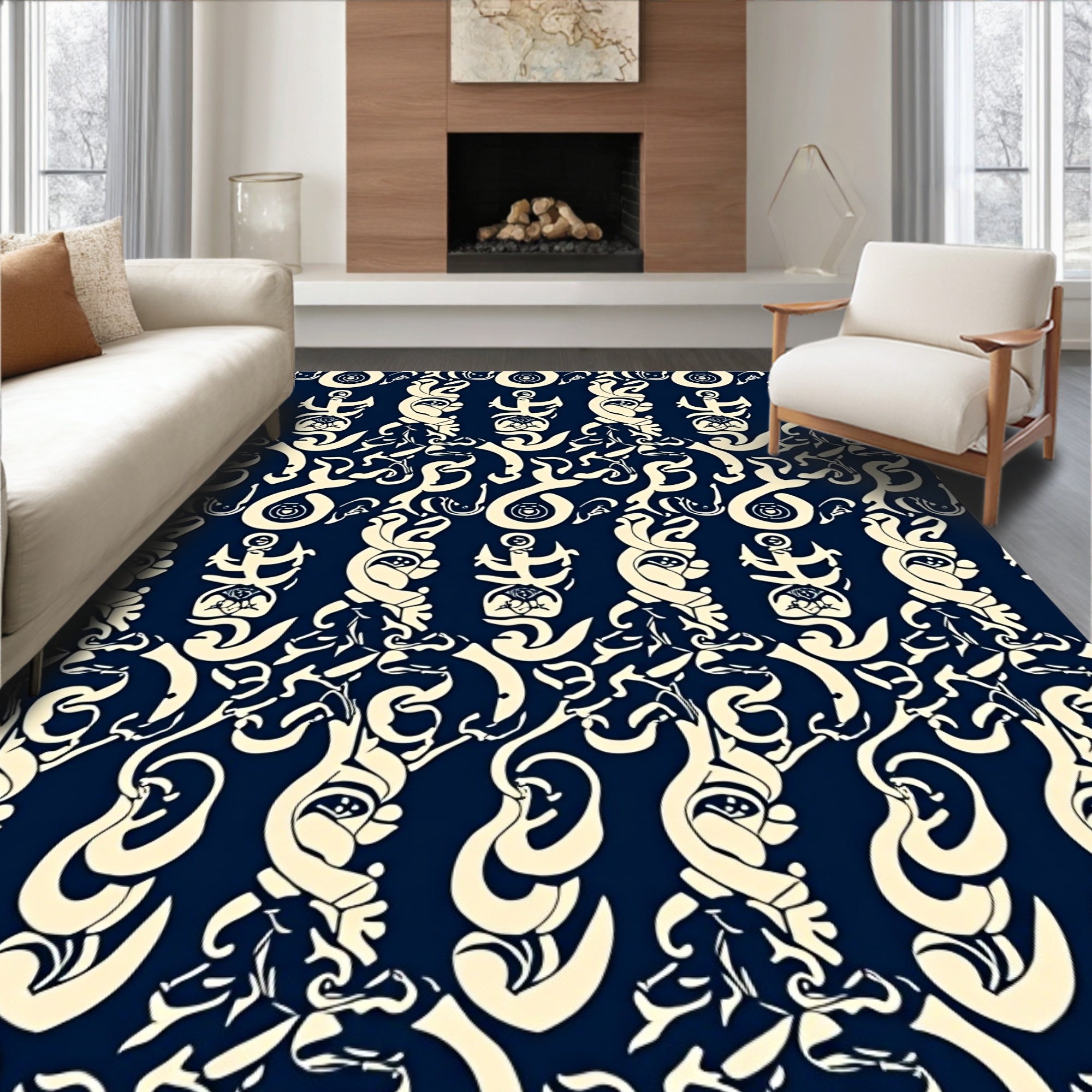 Navy Cream Nautical Anchor Swirl Rug