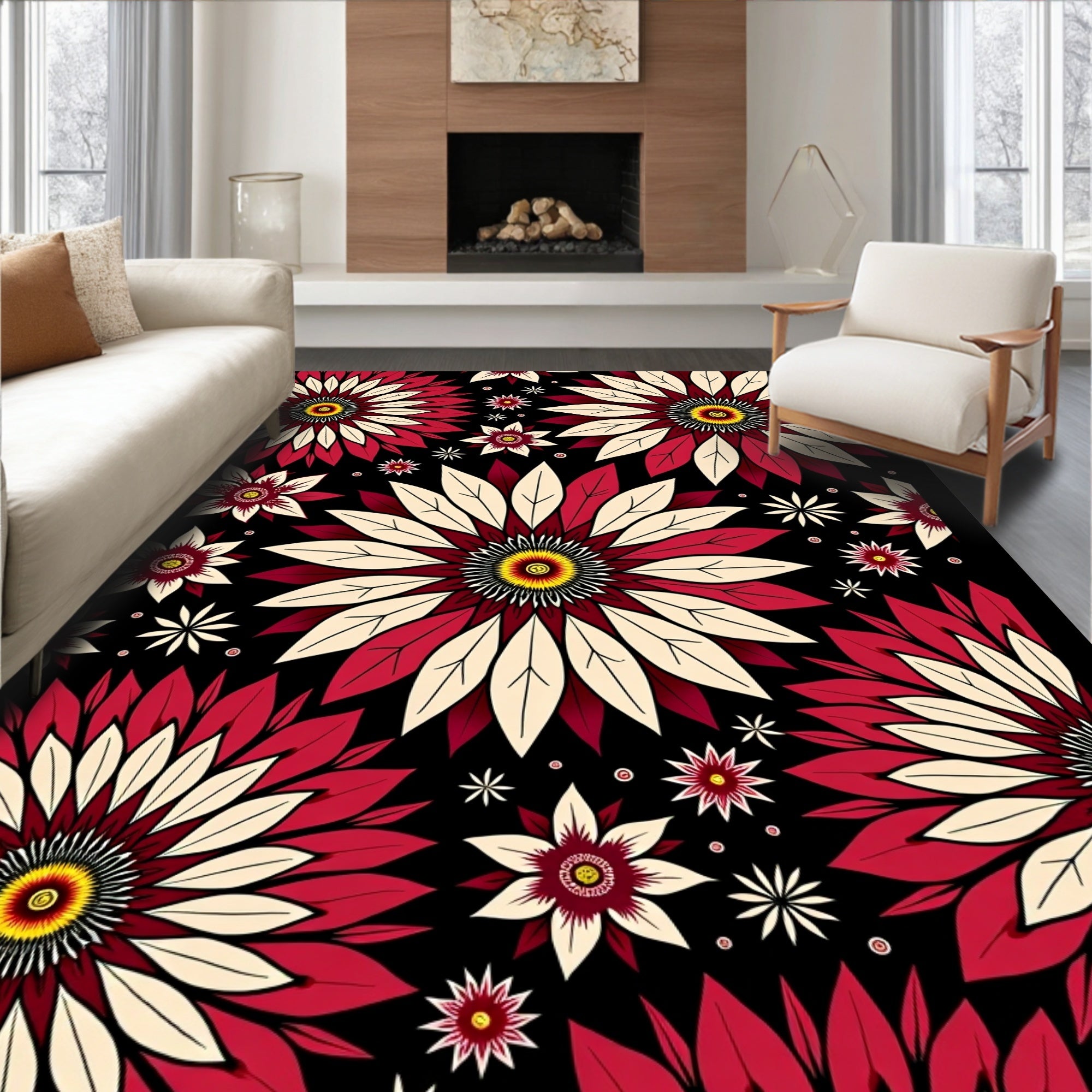 Bold Red Cream Floral Burst Rug
