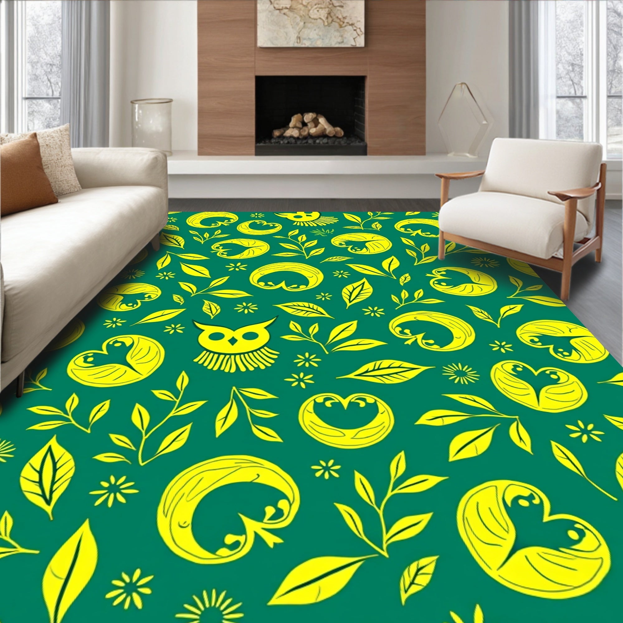 Bright Yellow Owl Foliage Garden Rug