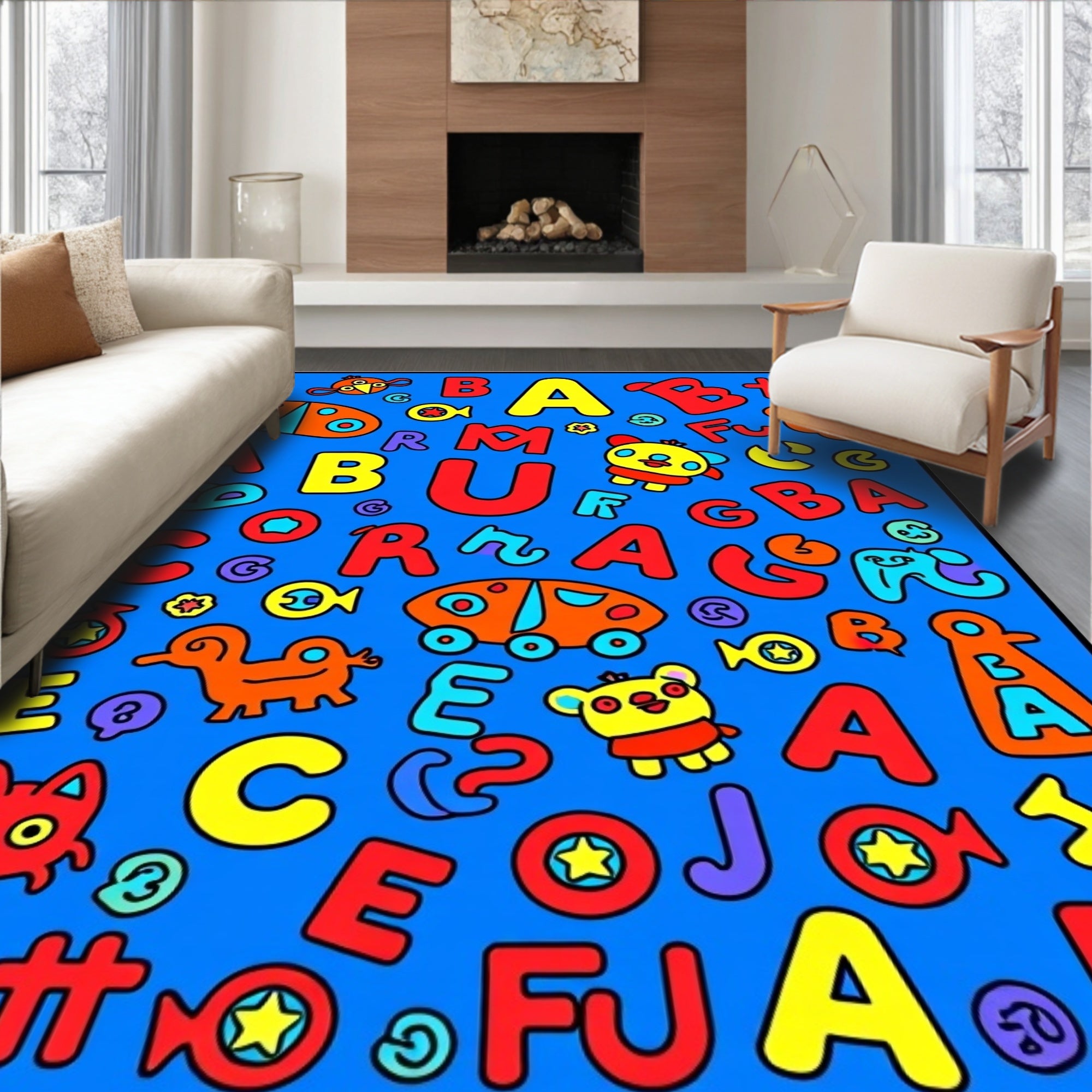 Playful Alphabet Animals Transportation Collage Rug