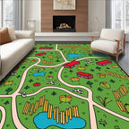 Whimsical Apple Orchard Village Scene Rug