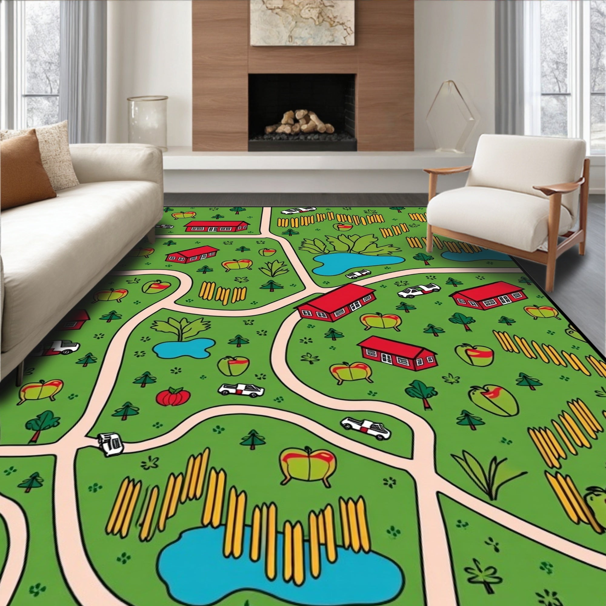 Whimsical Apple Orchard Village Scene Rug