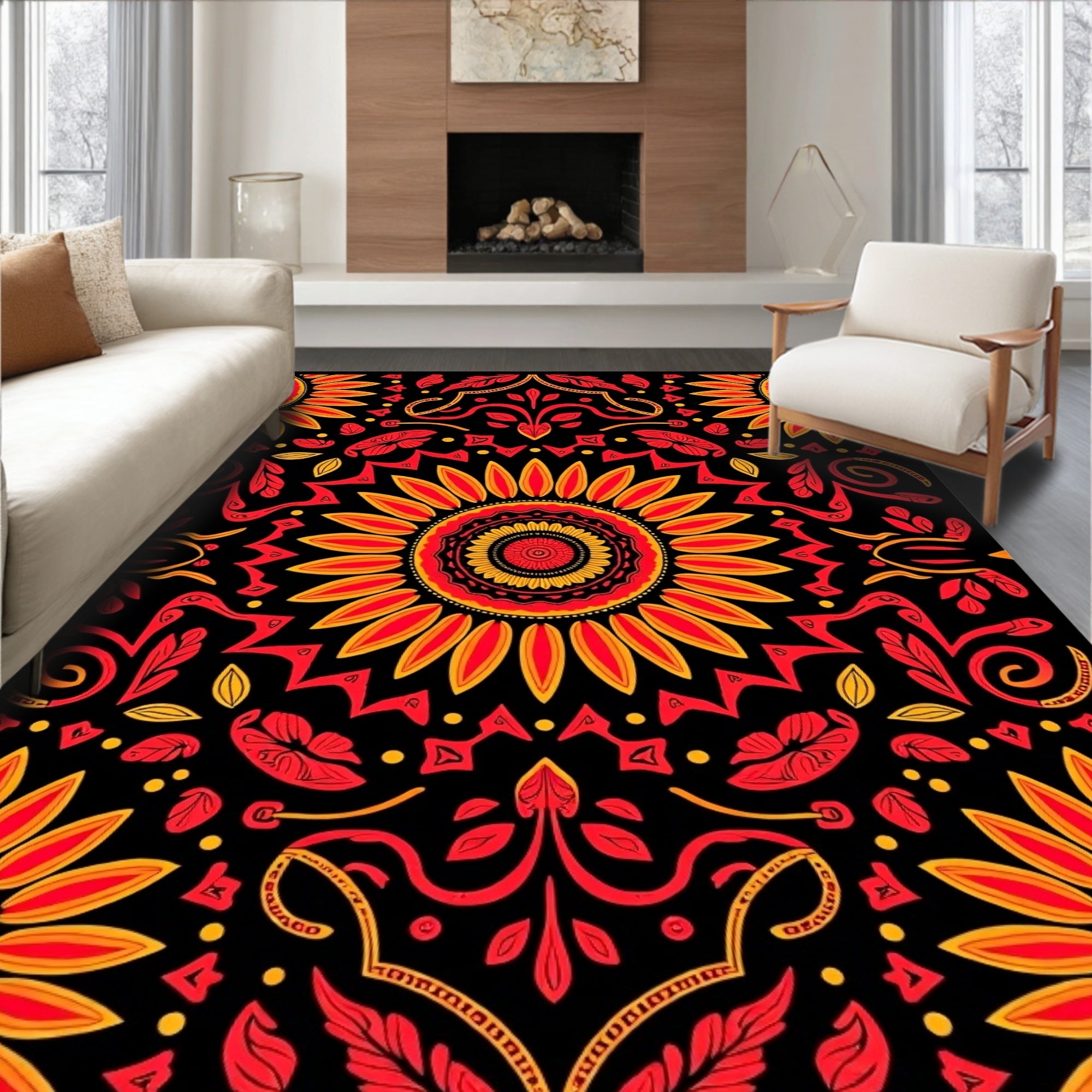 Bold Red Yellow Sunflower Mandala Rug