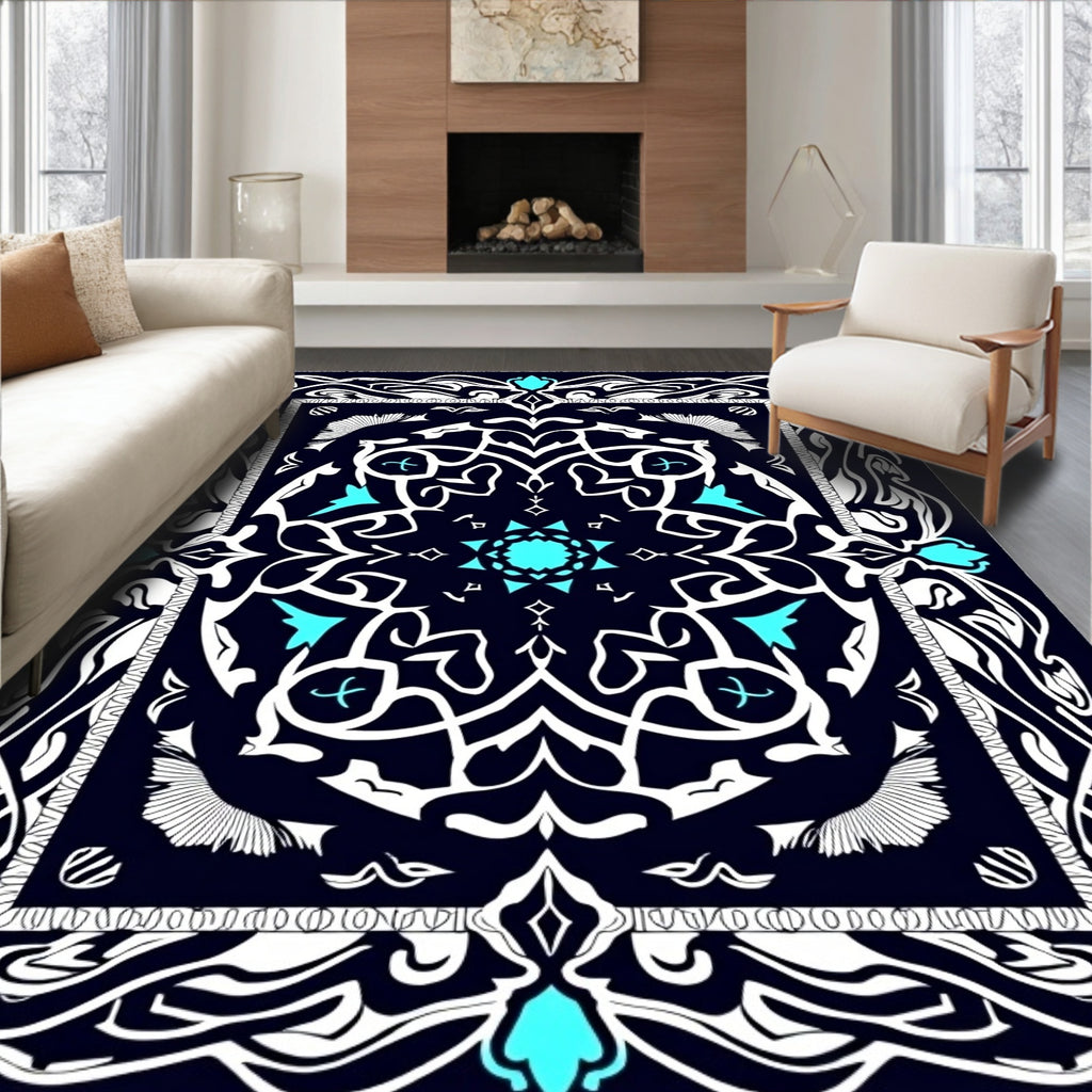 Deep Blue White Teal Medallion Rug