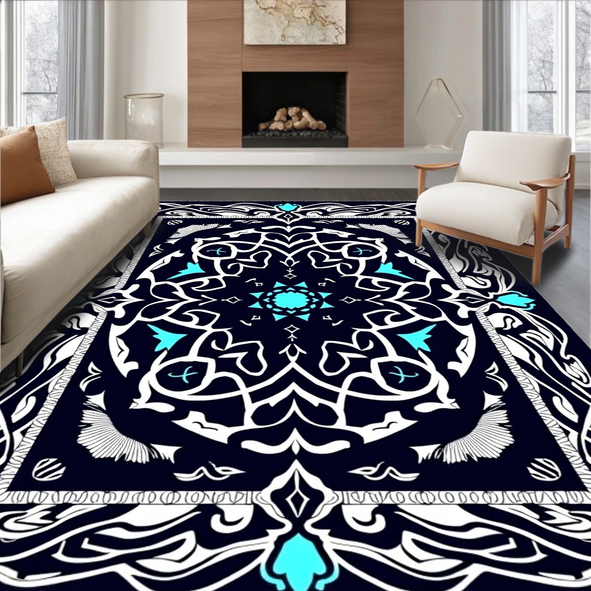 Deep Blue White Teal Medallion Rug