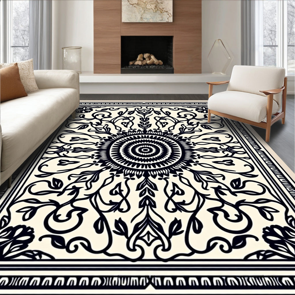 Black and Cream Floral Mandala Rug