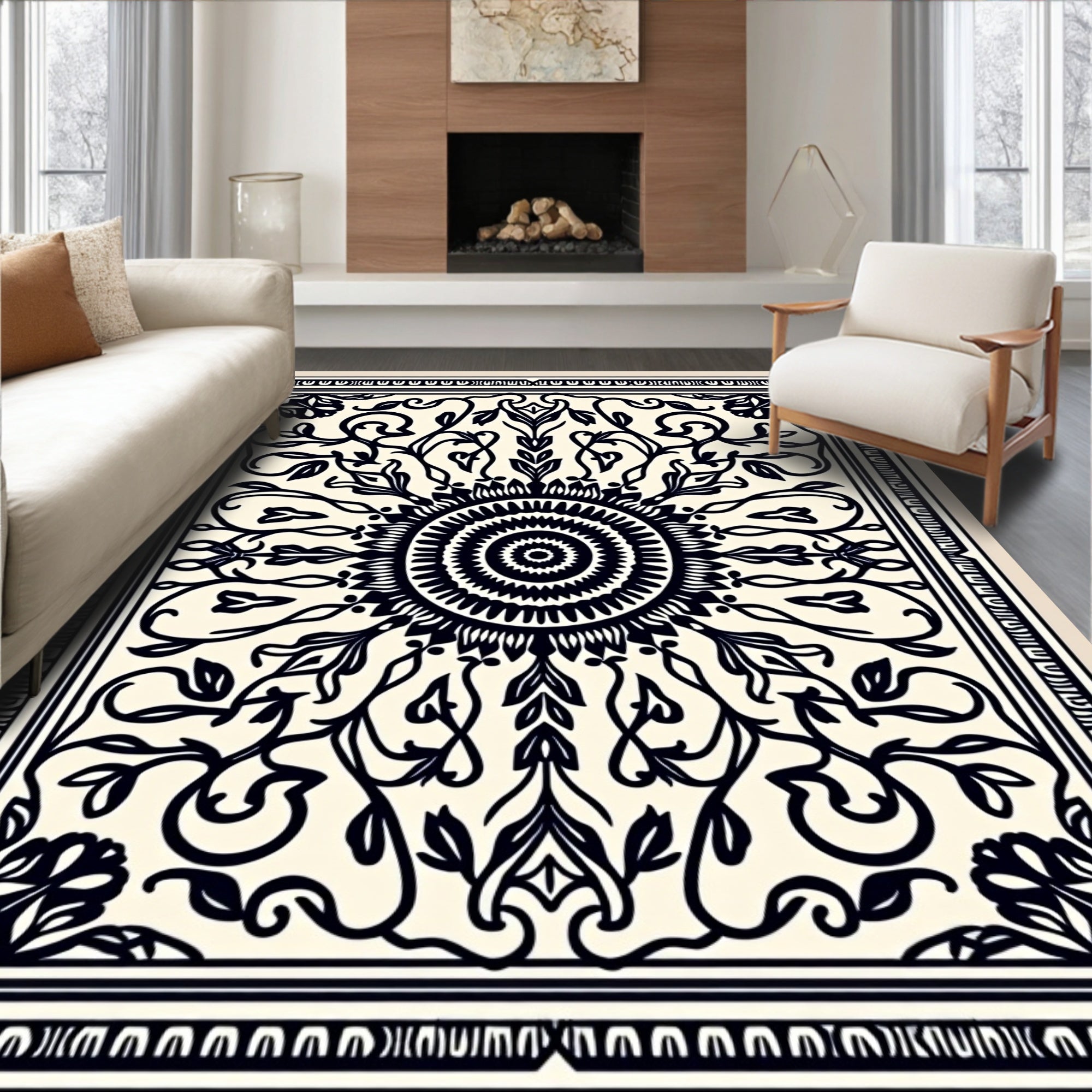 Black and Cream Floral Mandala Rug