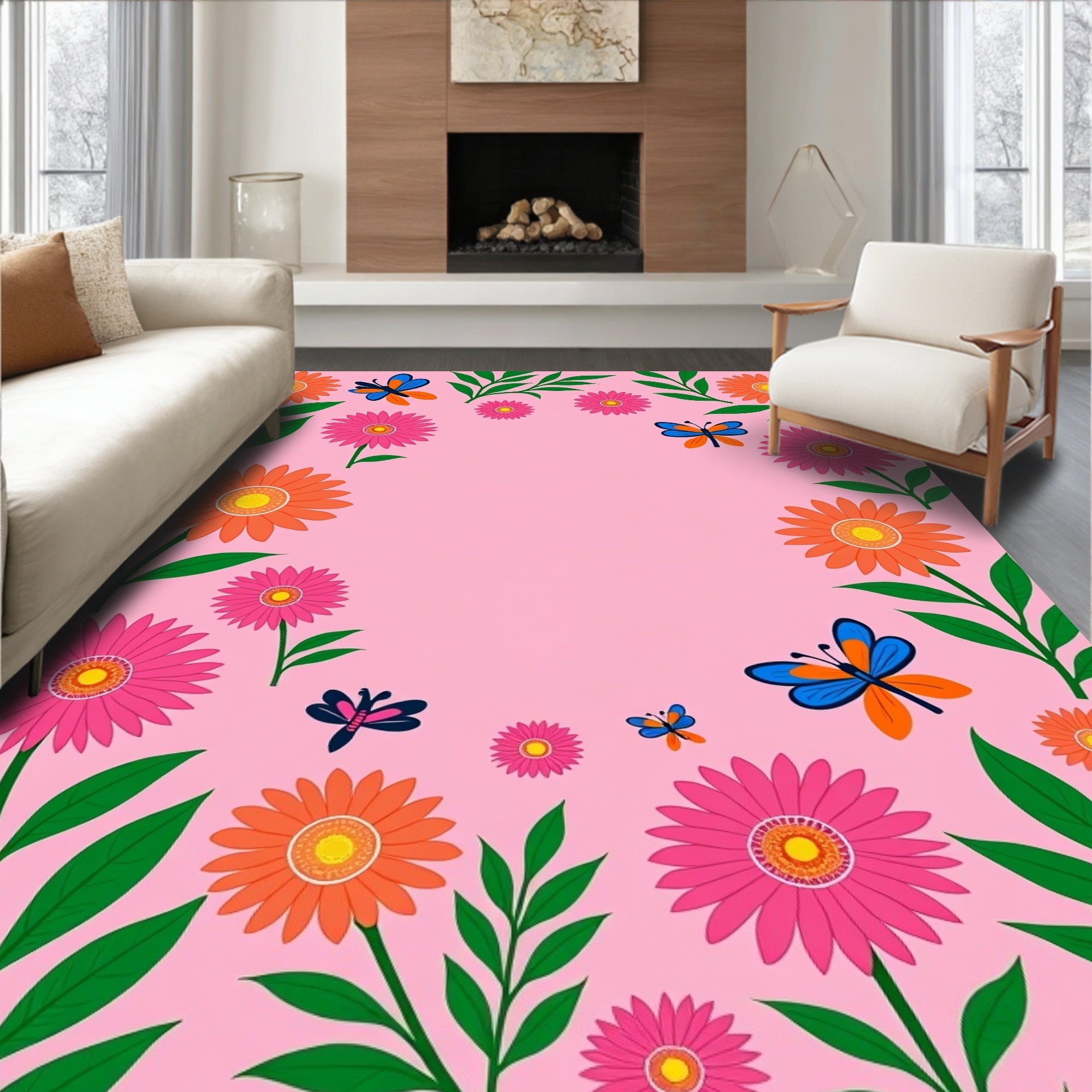 Pink Floral Butterfly Collage Rug
