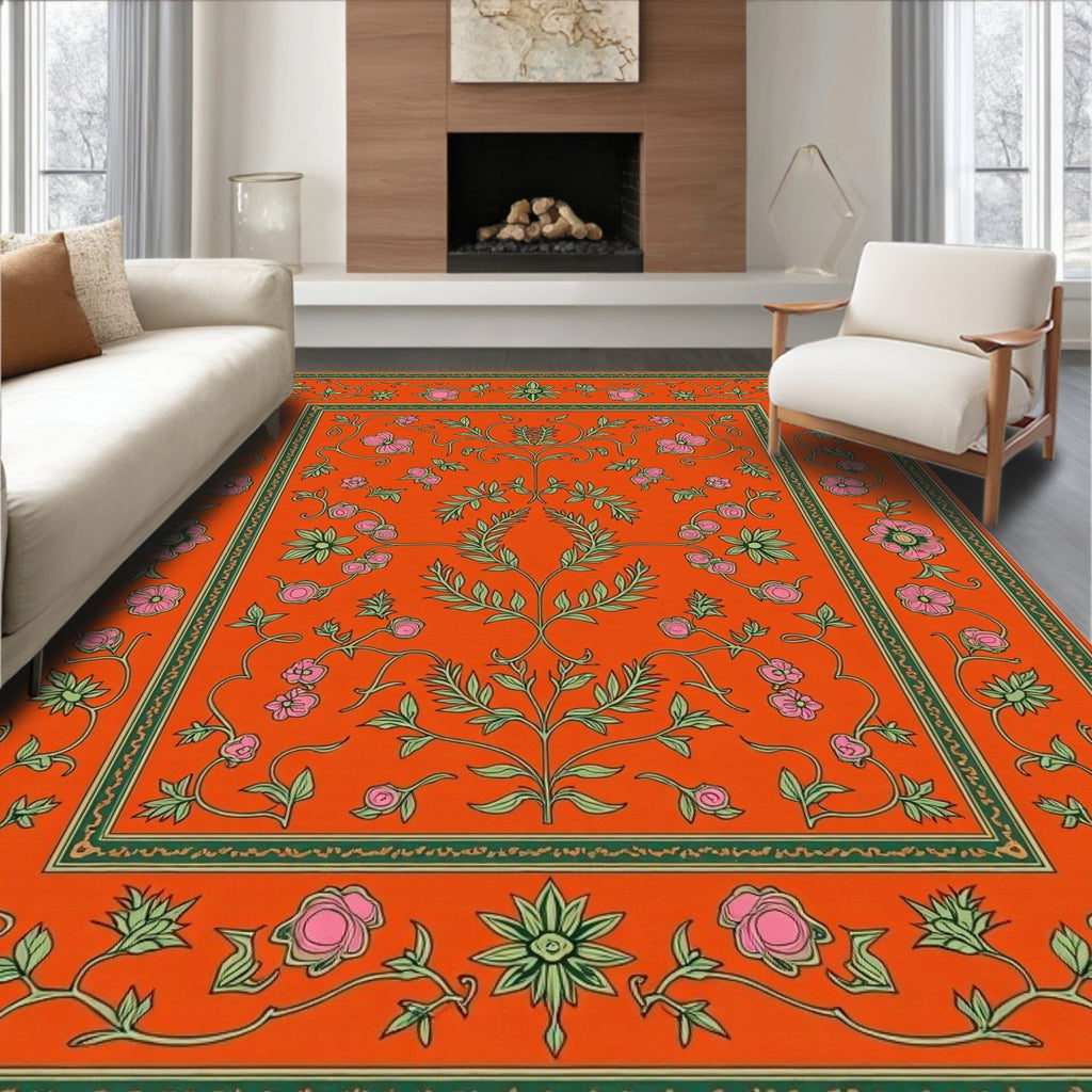 Vibrant Orange Floral Vine Medallion Rug