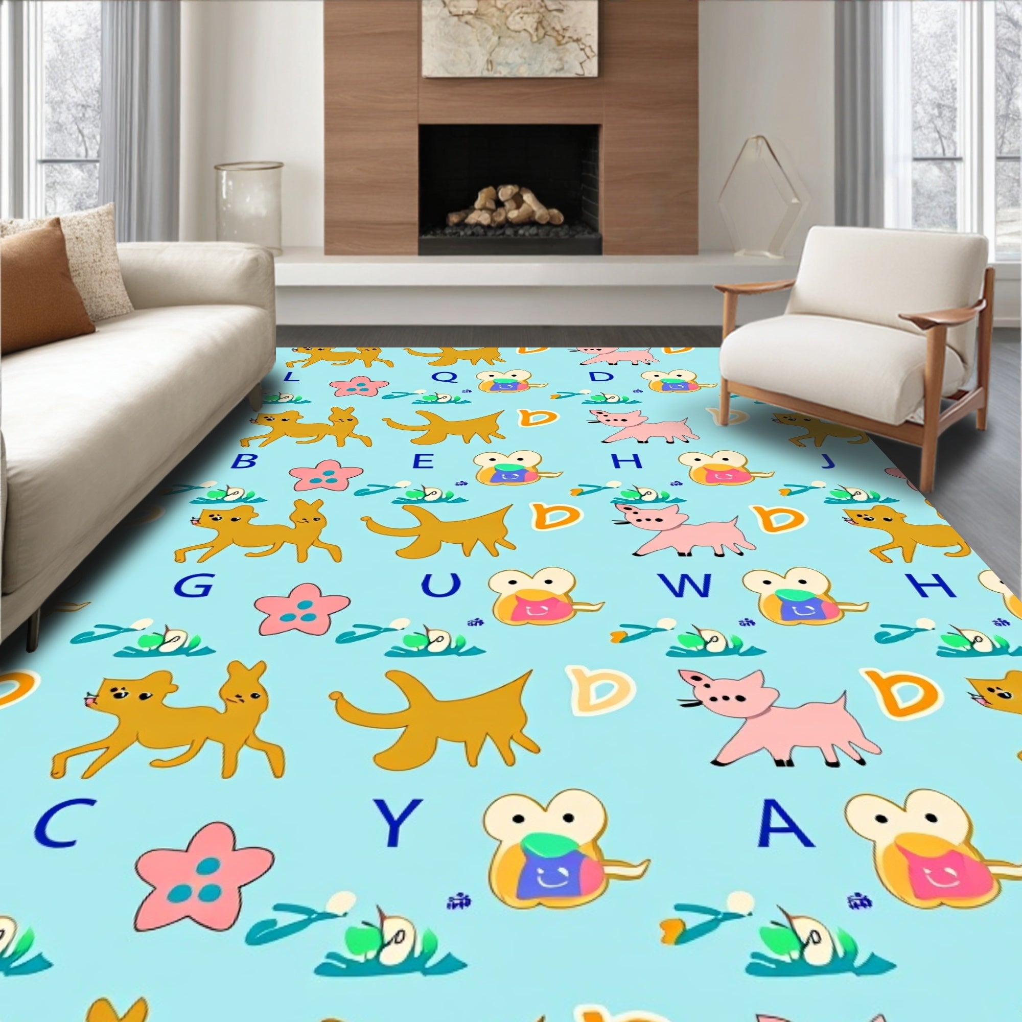 Playful Yellow Animals Alphabet Collage Rug