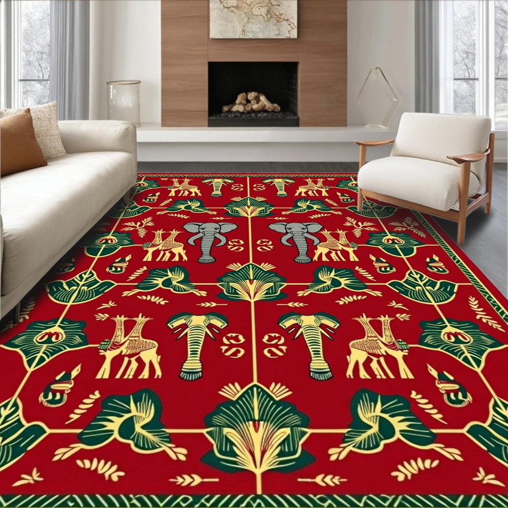 Red African Elephant Giraffe Fauna Rug