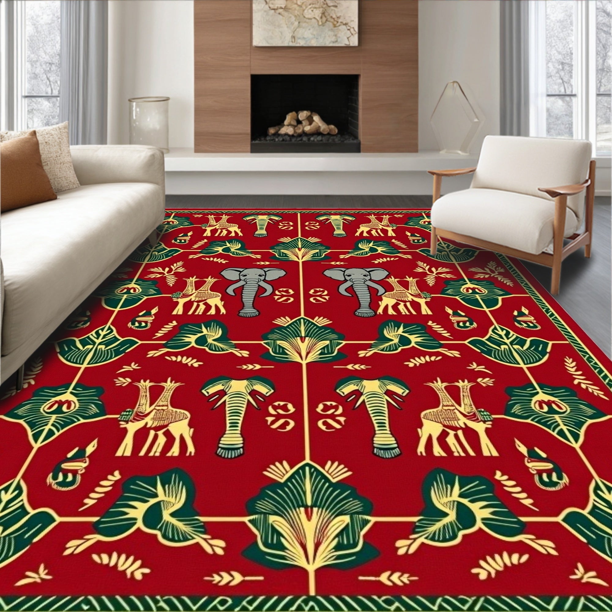 Red African Elephant Giraffe Fauna Rug