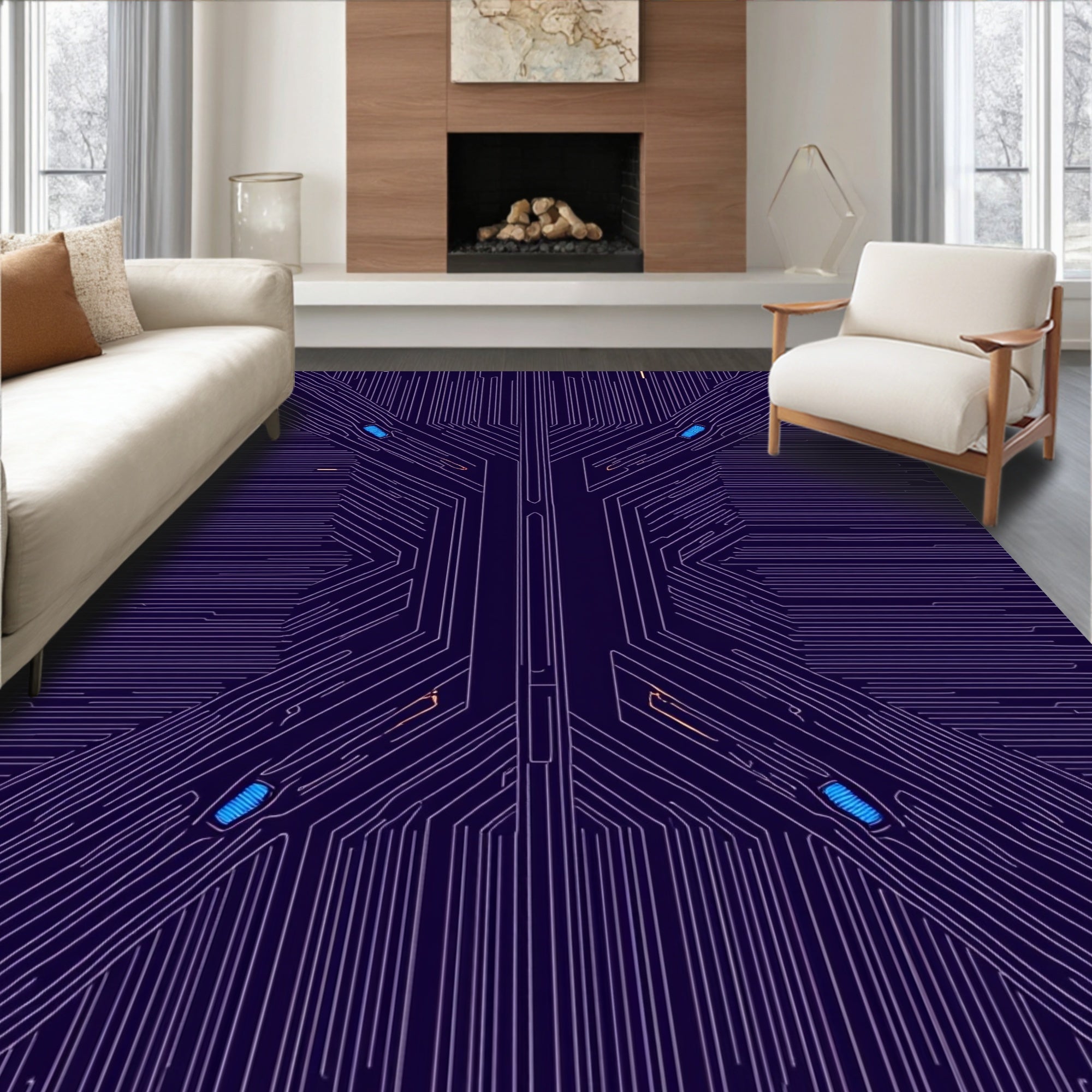 Deep Blue Circuit Board Lines Rug