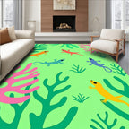 Playful colorful lizards green coral. Rug