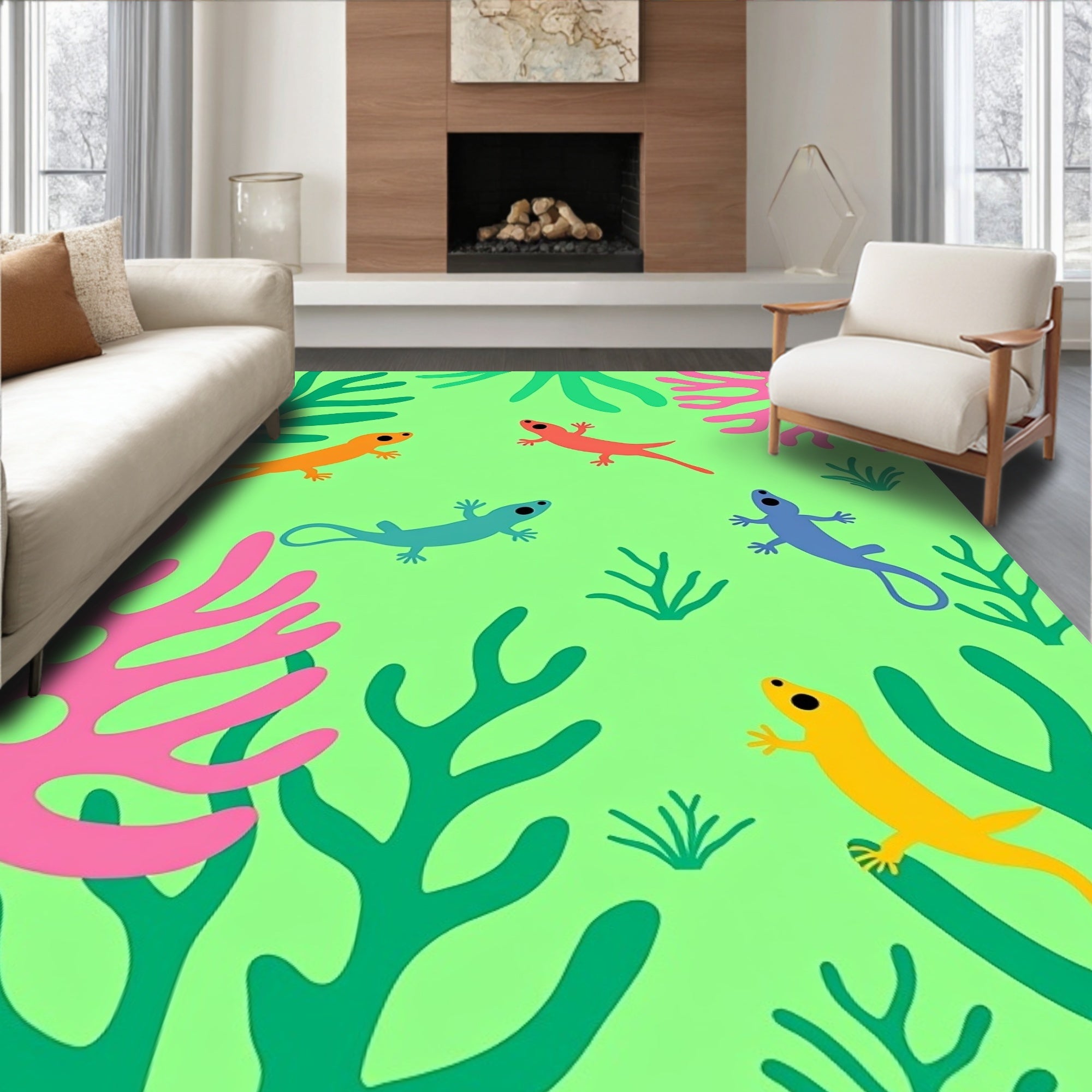 Playful colorful lizards green coral. Rug