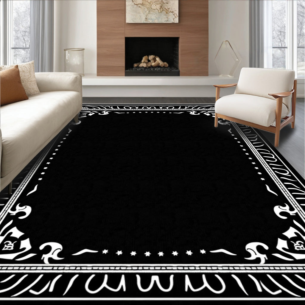 Bold Black White Ornate Border Rug